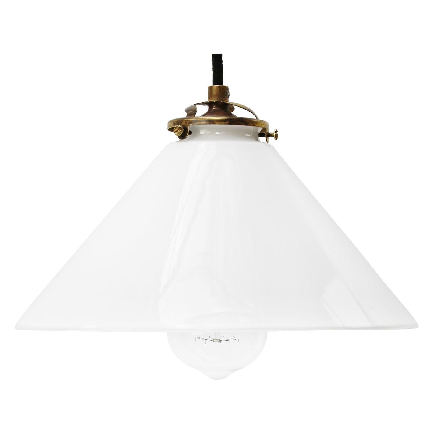 White French Opaline Milk Glass Shade Brass Pendant Lights