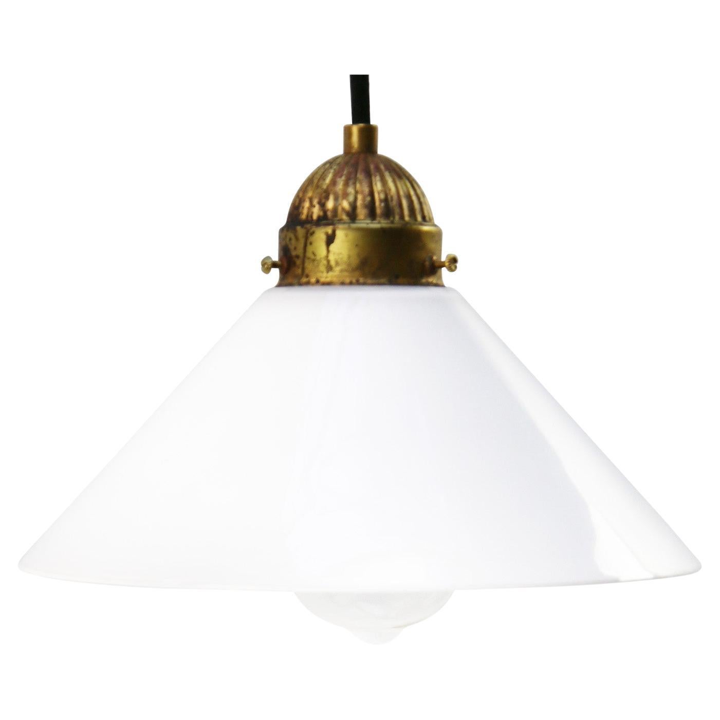 White French Opaline Milk Glass Shade Brass Pendant Lights For Sale