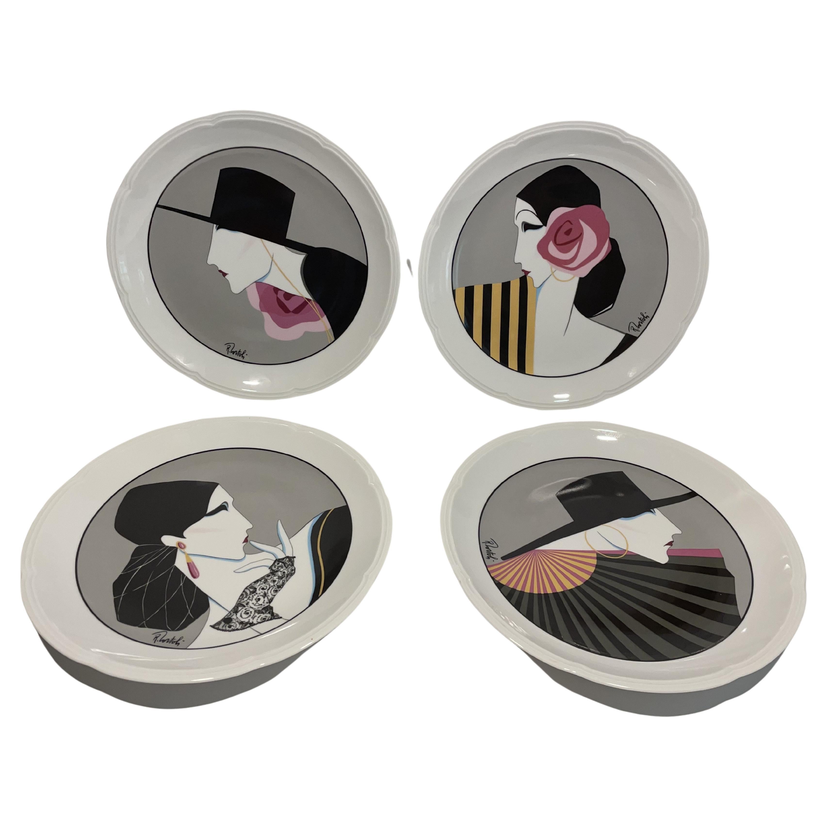 Platos de Cena o de Desierto de Porcelana Francesa Blanca Art Decó - Lote de 4 en venta