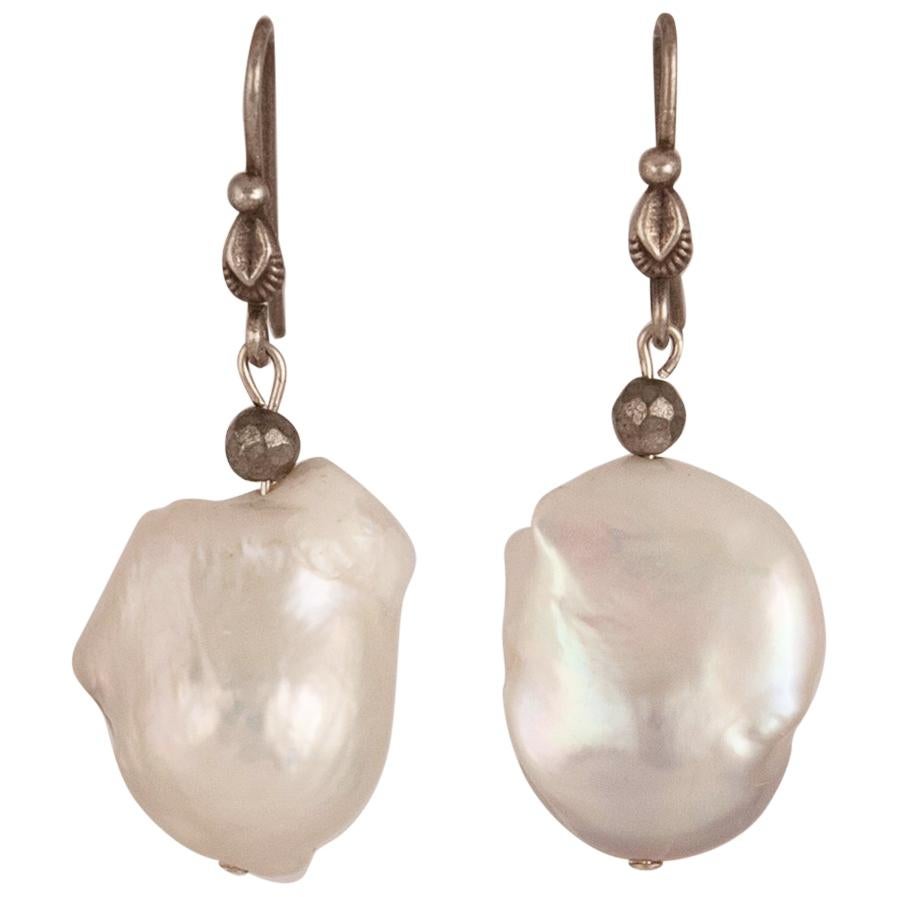 White Fresh Water Baroque Pearl Dangle Earrings For Sale