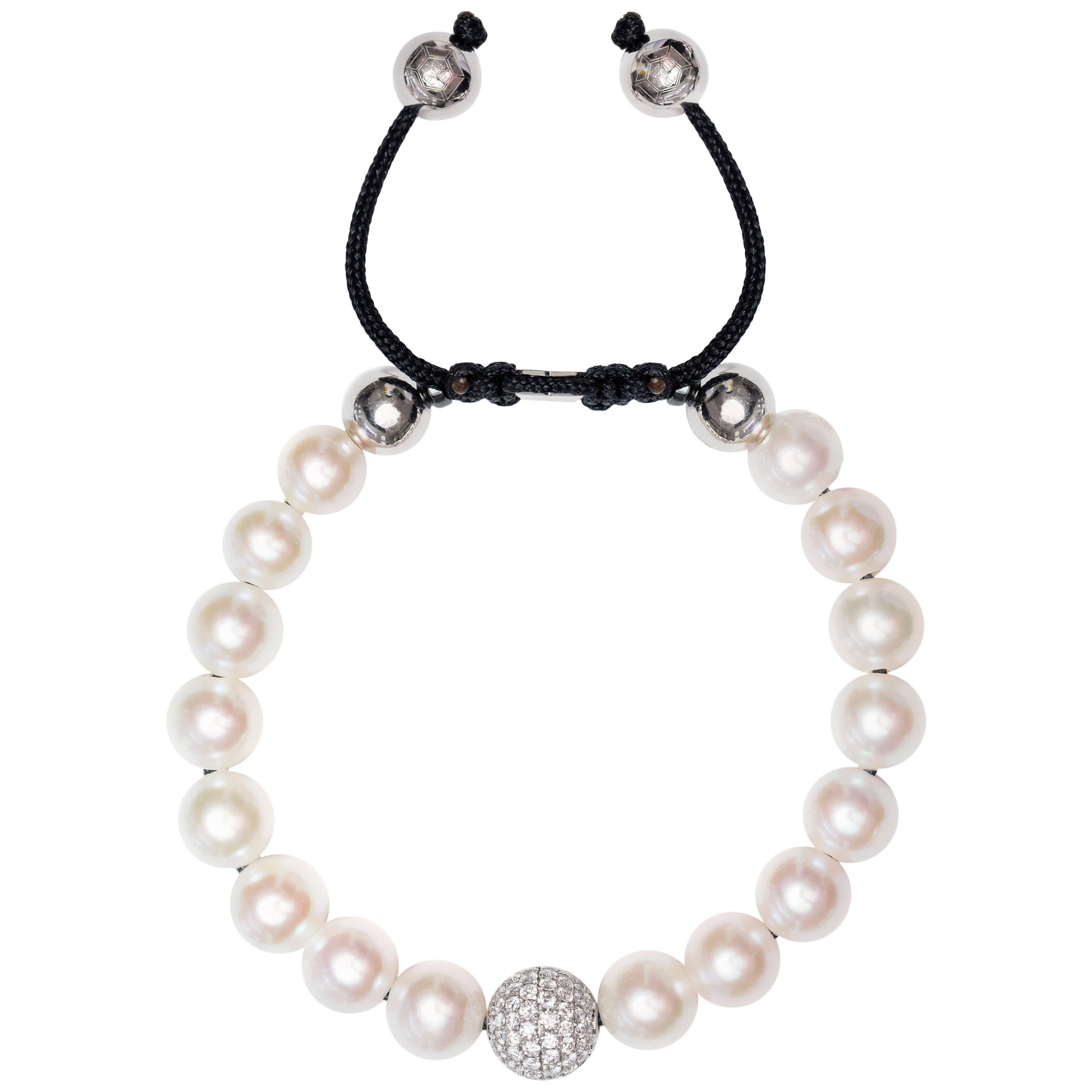 White Fresh Water Pearl Pave Set 1.80 Carat Diamond 18Karat White Gold Bracelet