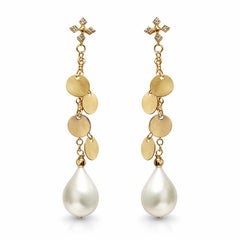 White Freshwater Pearl 14k Yellow Gold Disks and Diamonds Paradizia Earrings