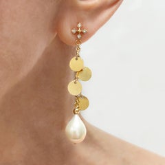White Freshwater Pearl 14k Yellow Gold Disks and Diamonds Paradizia Earrings