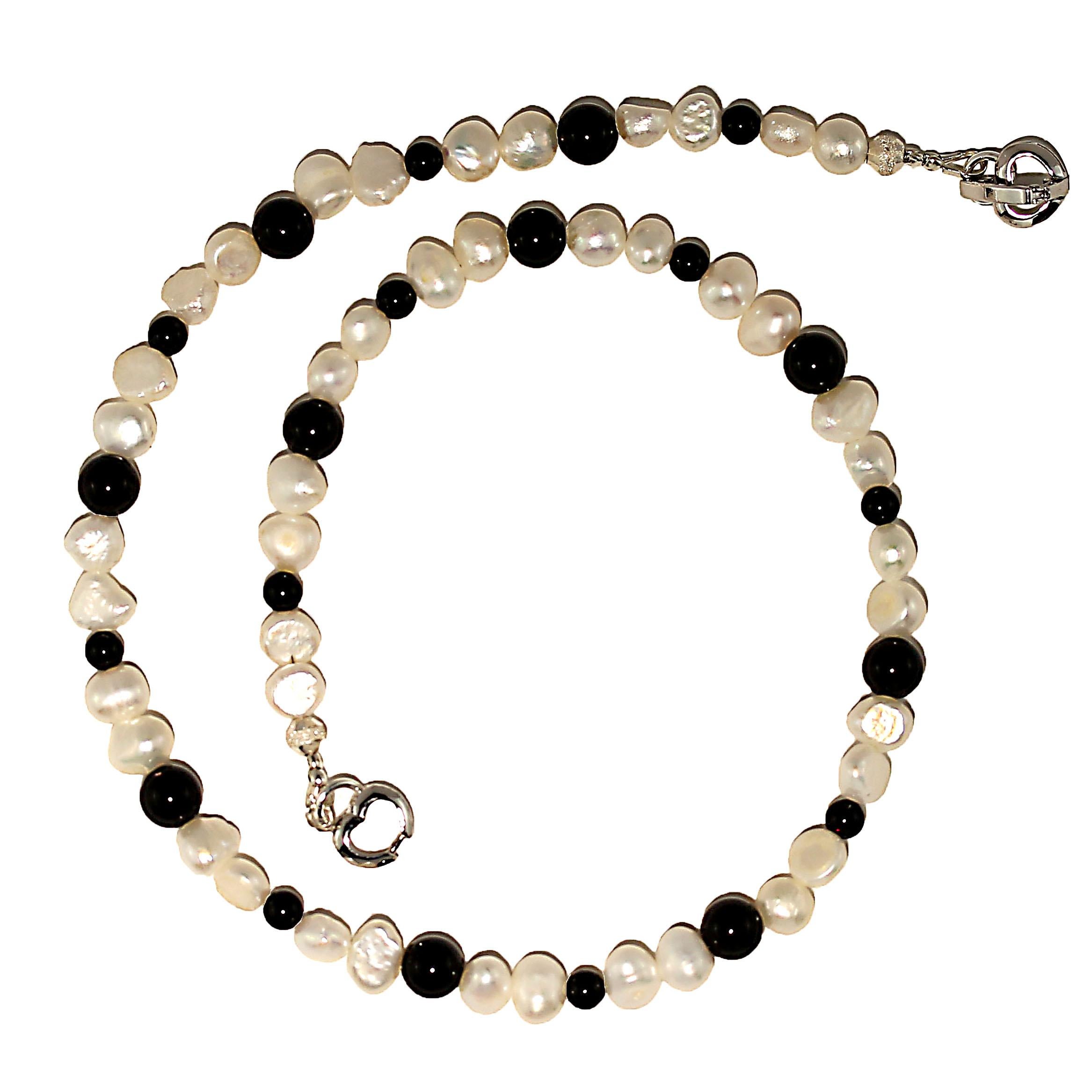 Bead AJD White Pearl and Black Onyx Choker Necklace or Bracelet June Birthstone