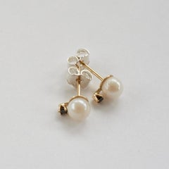 White Freshwater Pearl Black Diamond Stud Earrings 14K Solid Gold