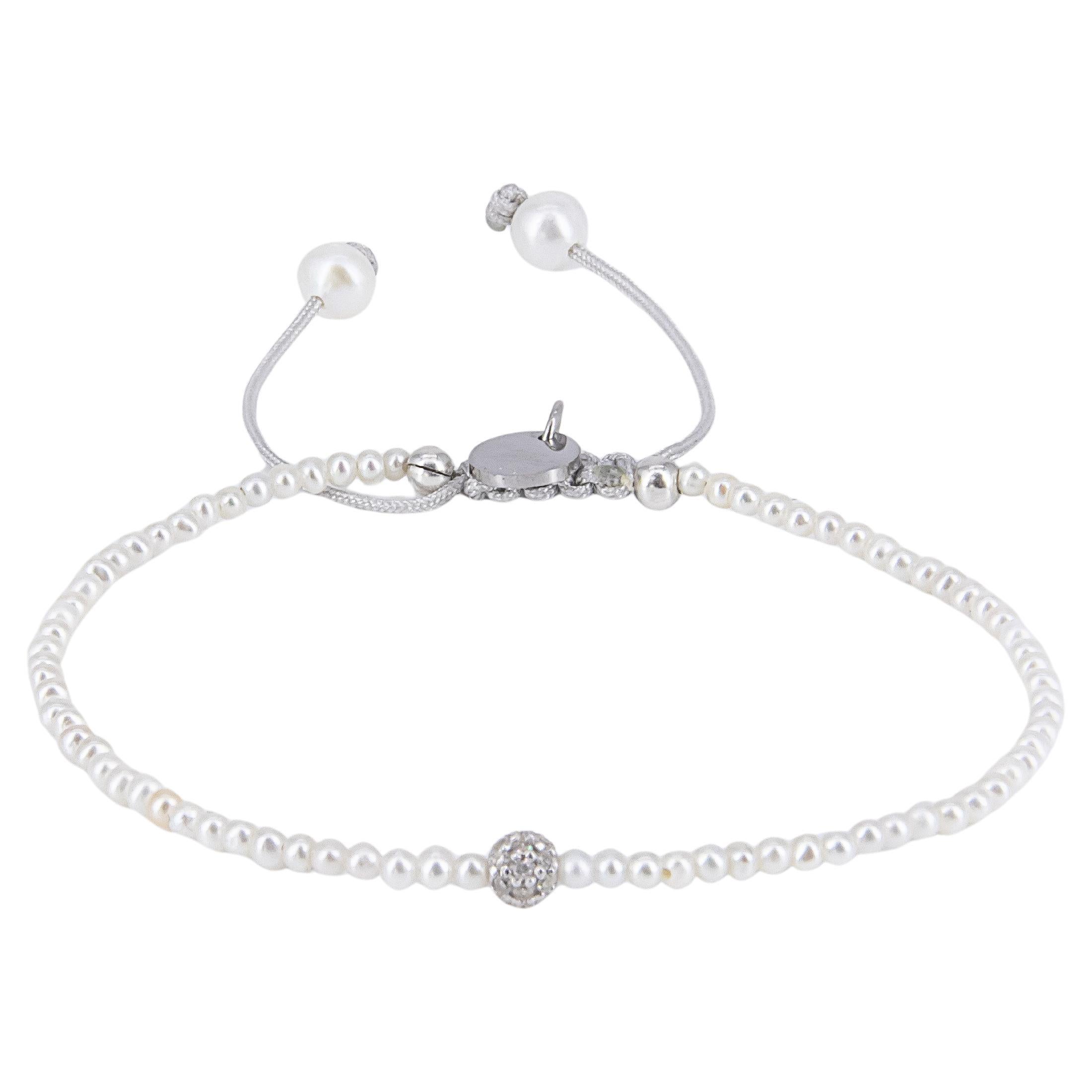 White Freshwater Pearl Bracelet with 14k WG Diamond Bead For Sale