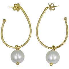 White Freshwater Pearl Charm Hammered 18 Karat Gold Stud Hoop Earrings