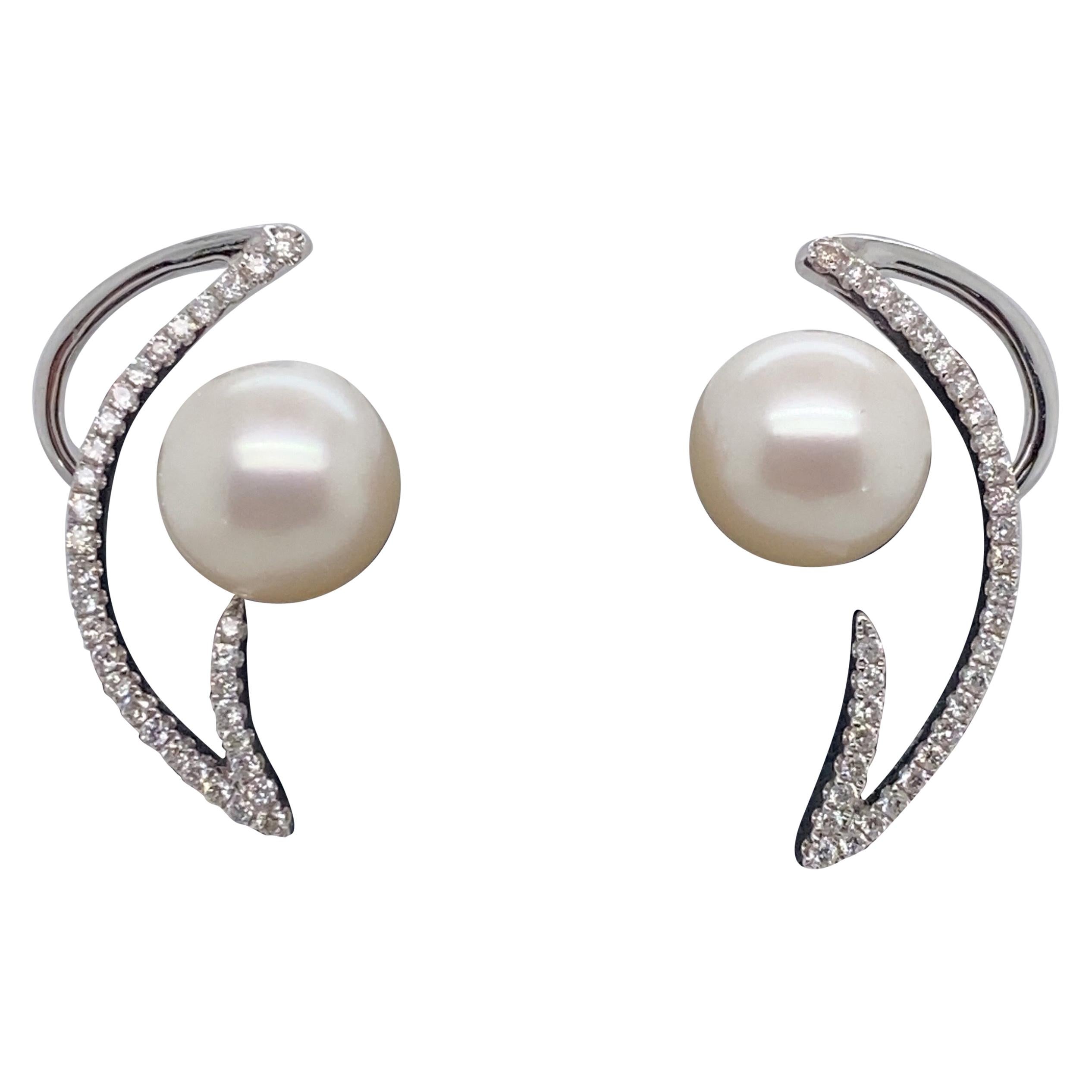 HARBOR D. White Freshwater Pearl Diamond Earrings Climbers 0.36 Carat  For Sale