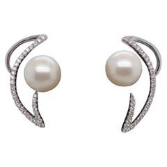 HARBOR D. White Freshwater Pearl Diamond Earrings Climbers 0.36 Carat 