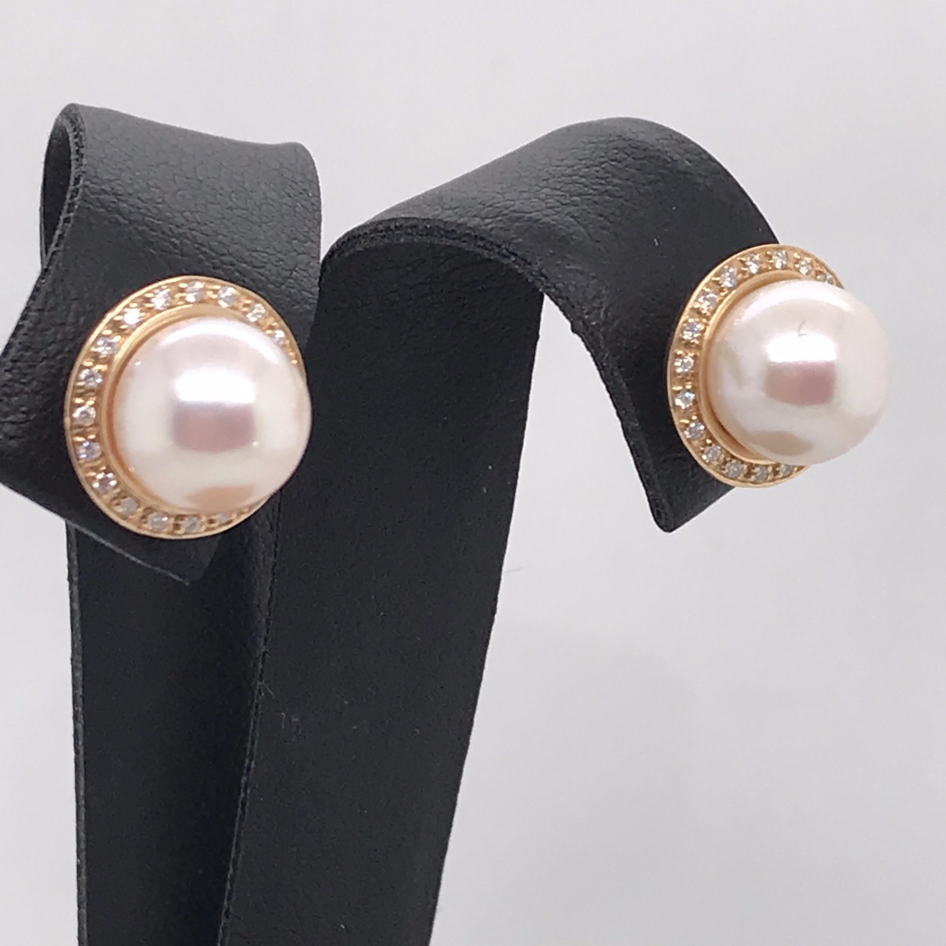 Contemporary White Freshwater Pearl Diamond Halo Stud Earrings 14K Gold 0.10 Carats For Sale