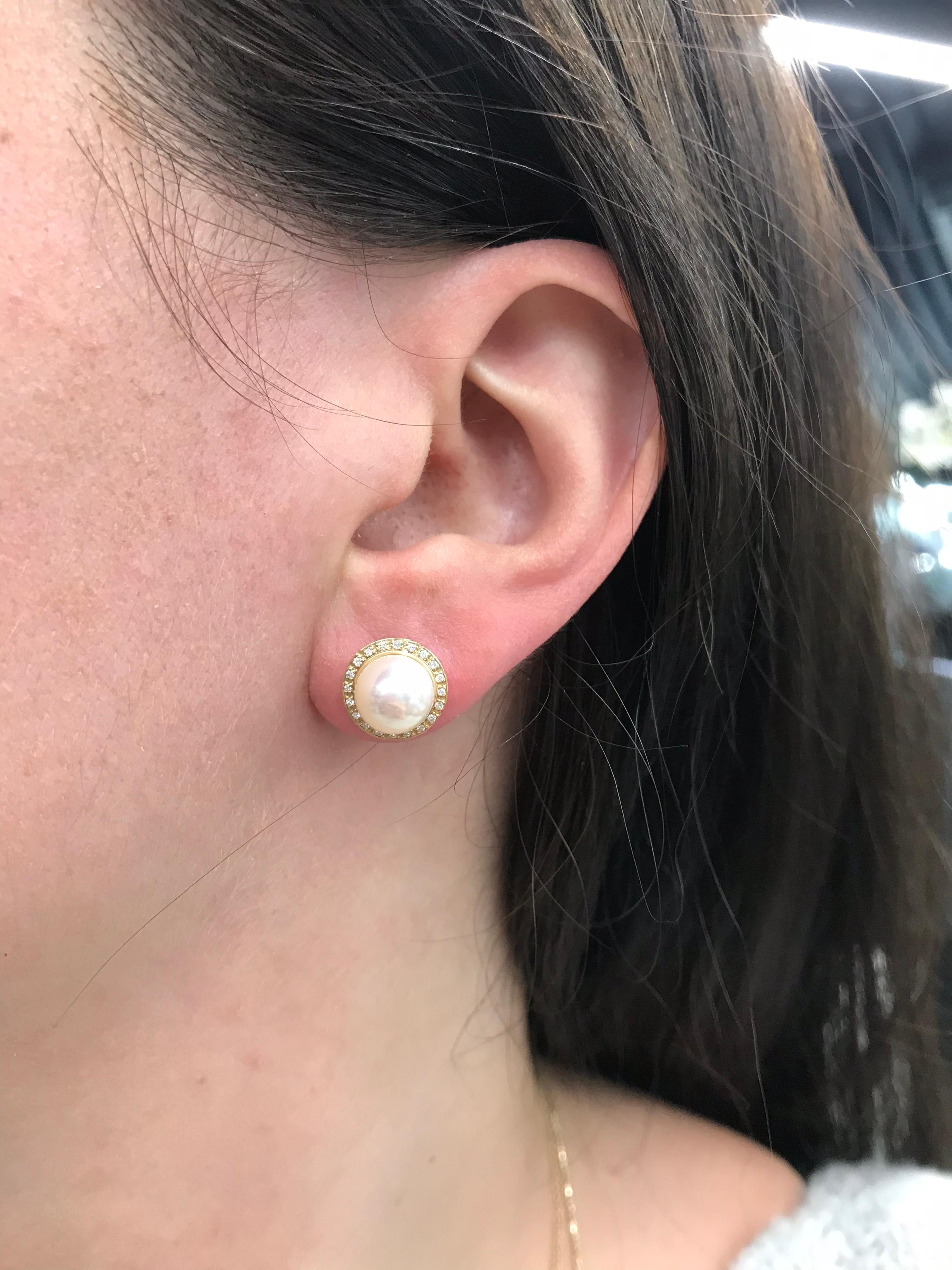 Women's White Freshwater Pearl Diamond Halo Stud Earrings 14K Gold 0.10 Carats For Sale
