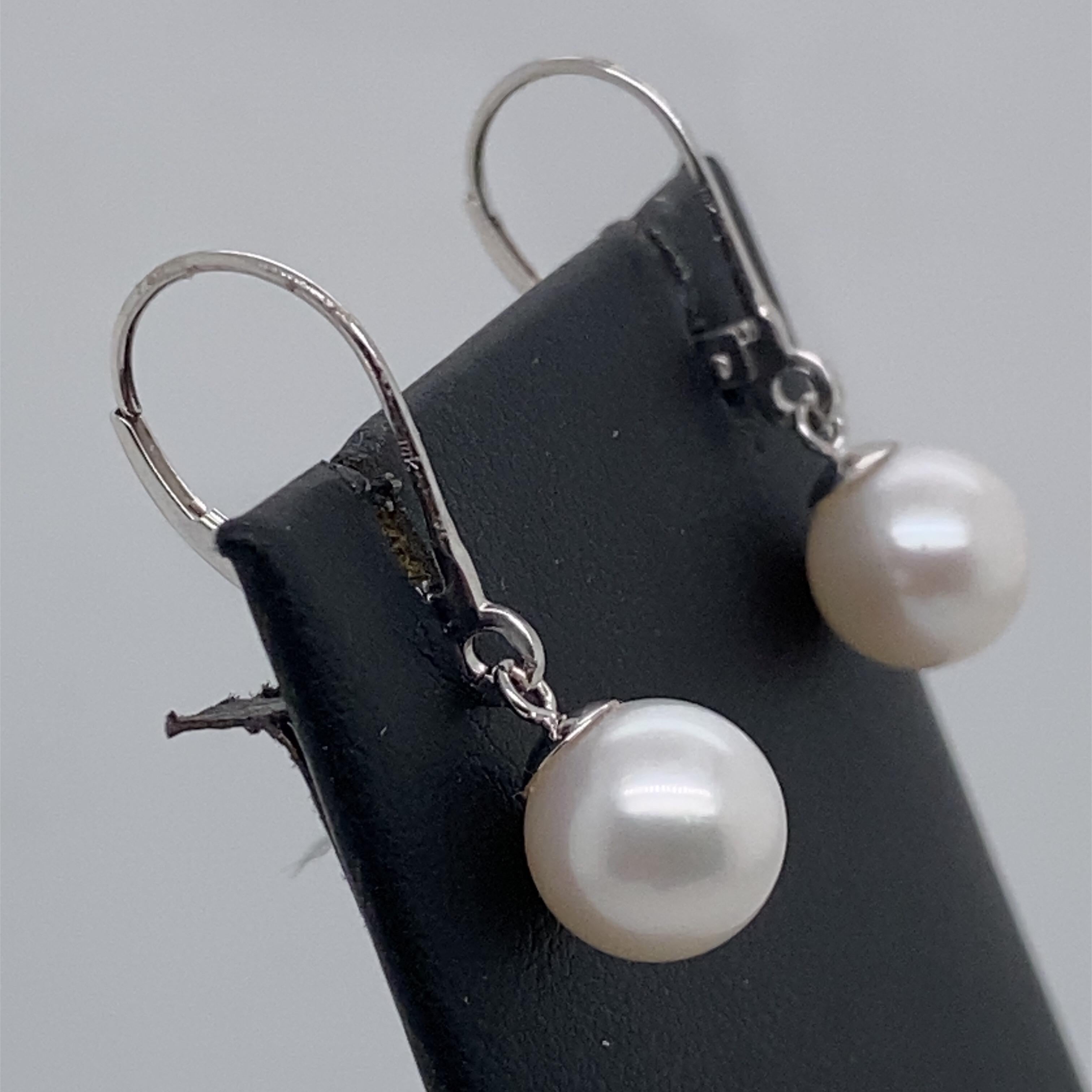 Round Cut White Freshwater Pearl Drop Earrings 14 Karat White Gold For Sale