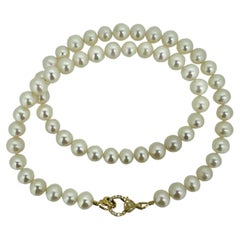 White Freshwater Pearl Necklace with Diamond Encrusted 14k YG closure