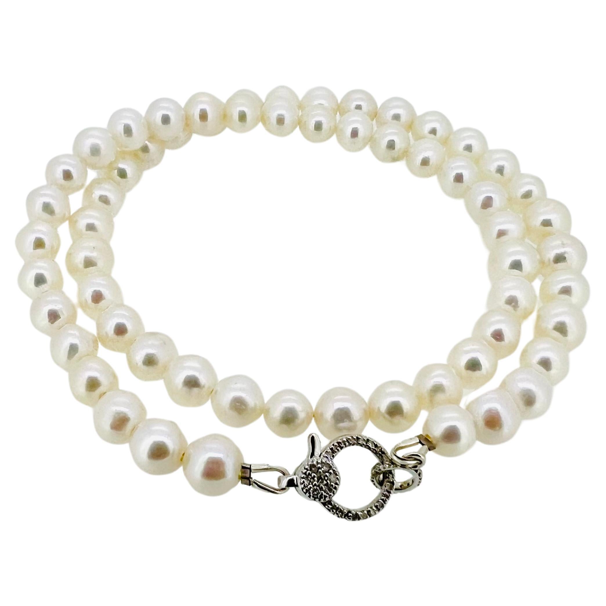 White Freshwater Pearl Necklace with Double Diamond Encrusted 14k WG Closure