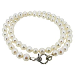 White Freshwater Pearl Necklace with Double Diamond Encrusted 14k WG Closure