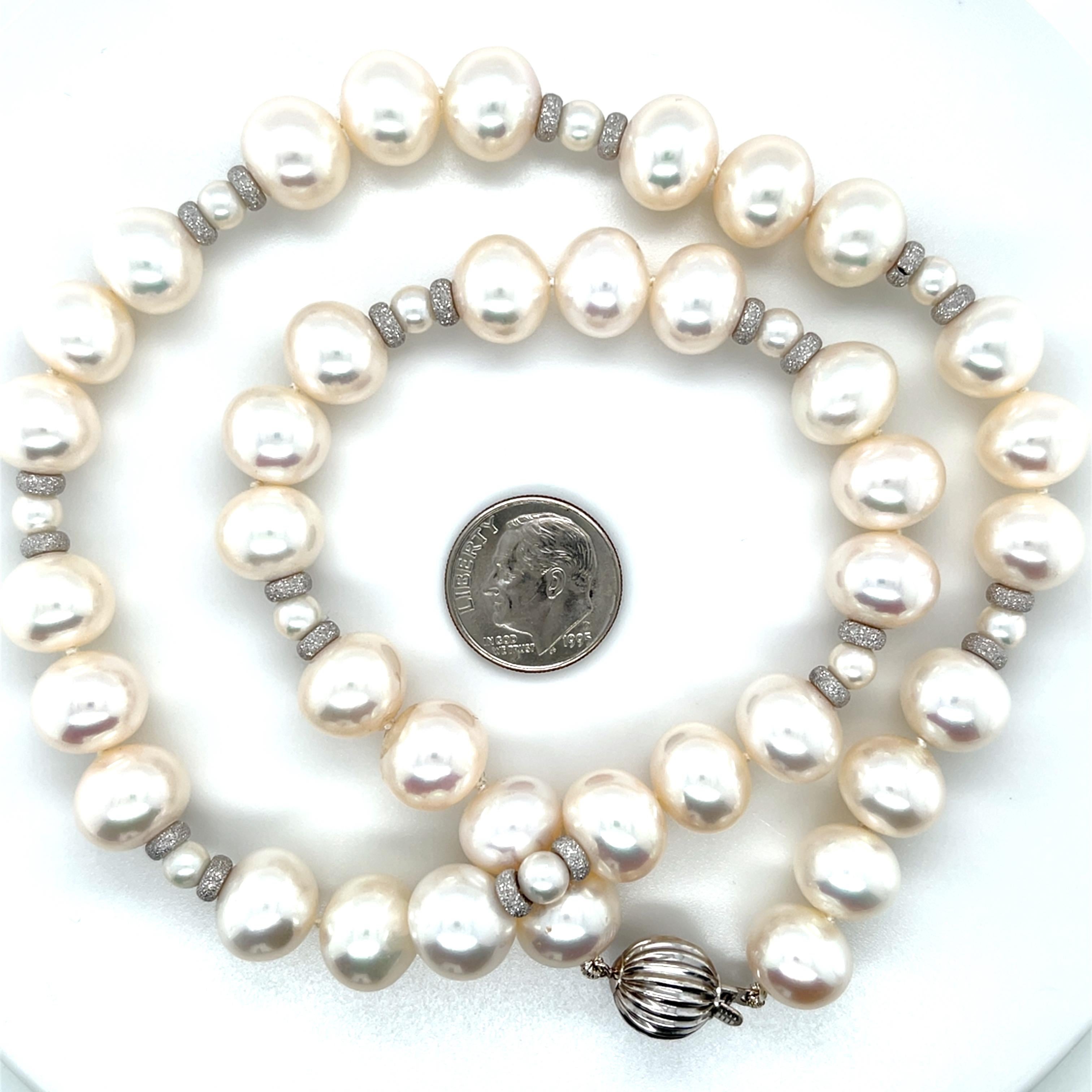 Women's or Men's White Freshwater Pearl Necklace with White Gold Accents, 18.5 Inches For Sale