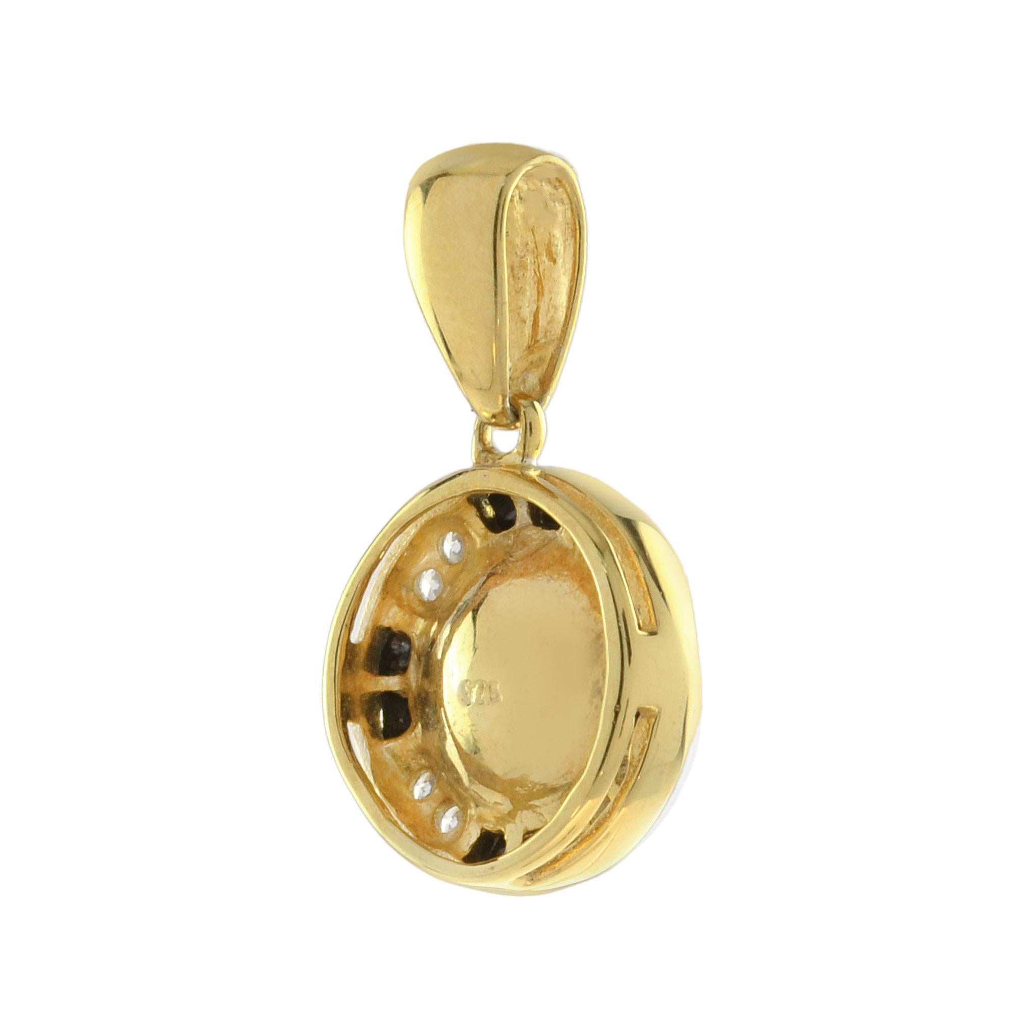 Art Deco White Freshwater Pearl with Diamond & Black Onyx Halo Set 14K Gold Pendant For Sale
