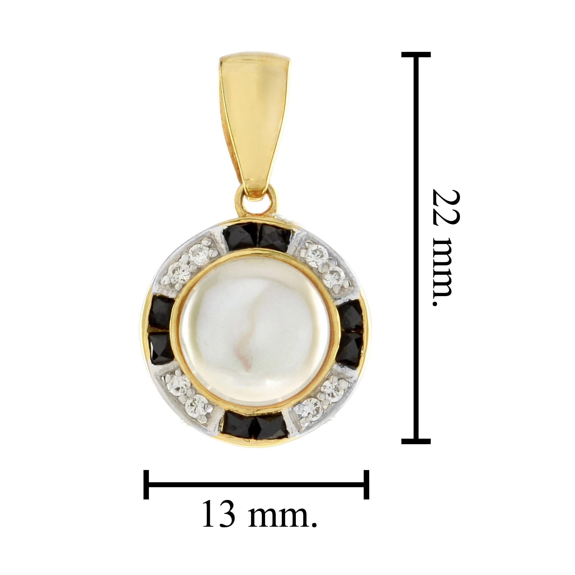 Round Cut White Freshwater Pearl with Diamond & Black Onyx Halo Set 14K Gold Pendant For Sale