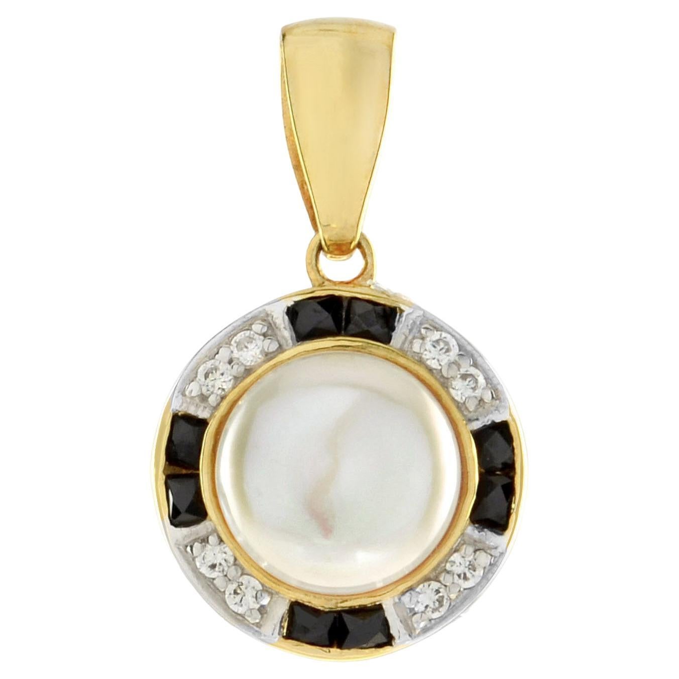 White Freshwater Pearl with Diamond & Black Onyx Halo Set 14K Gold Pendant For Sale