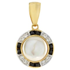 White Freshwater Pearl with Diamond & Black Onyx Halo Set 14K Gold Pendant
