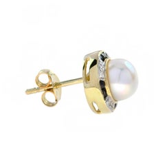 White Freshwater Pearl with Diamond & Black Onyx Halo Set Stud 14K Gold Earrings