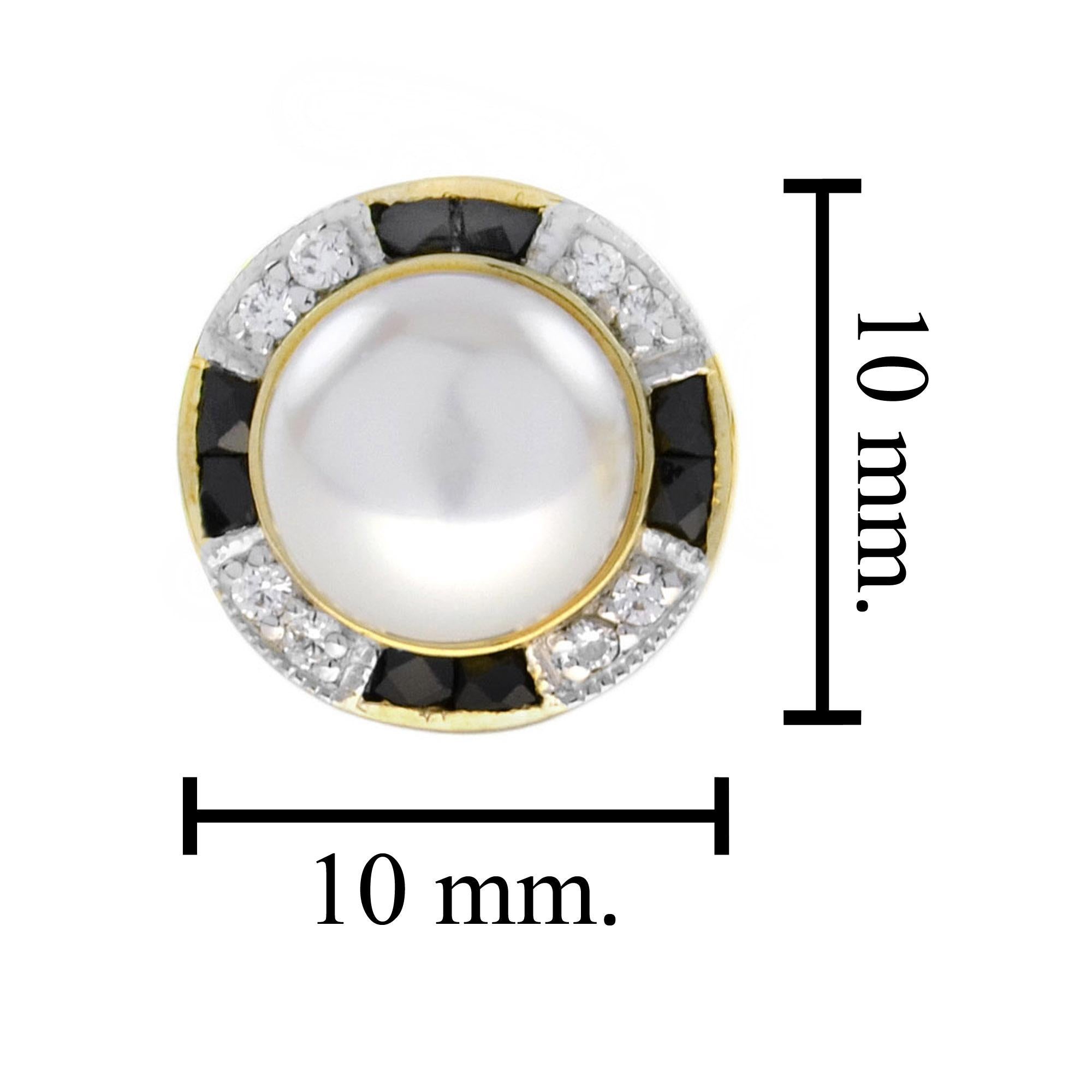 White Freshwater Pearl with Diamond & Black Onyx Halo Set Stud 14K Gold Earrings en Nuevo estado para la venta en Oakton, VA