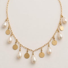 White Freshwater Pearls and 14k Gold Disks on Chain Paradizia Necklace N3913