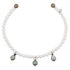 White freshwater pearls Choker with moving Tahiti pearls and gemstones