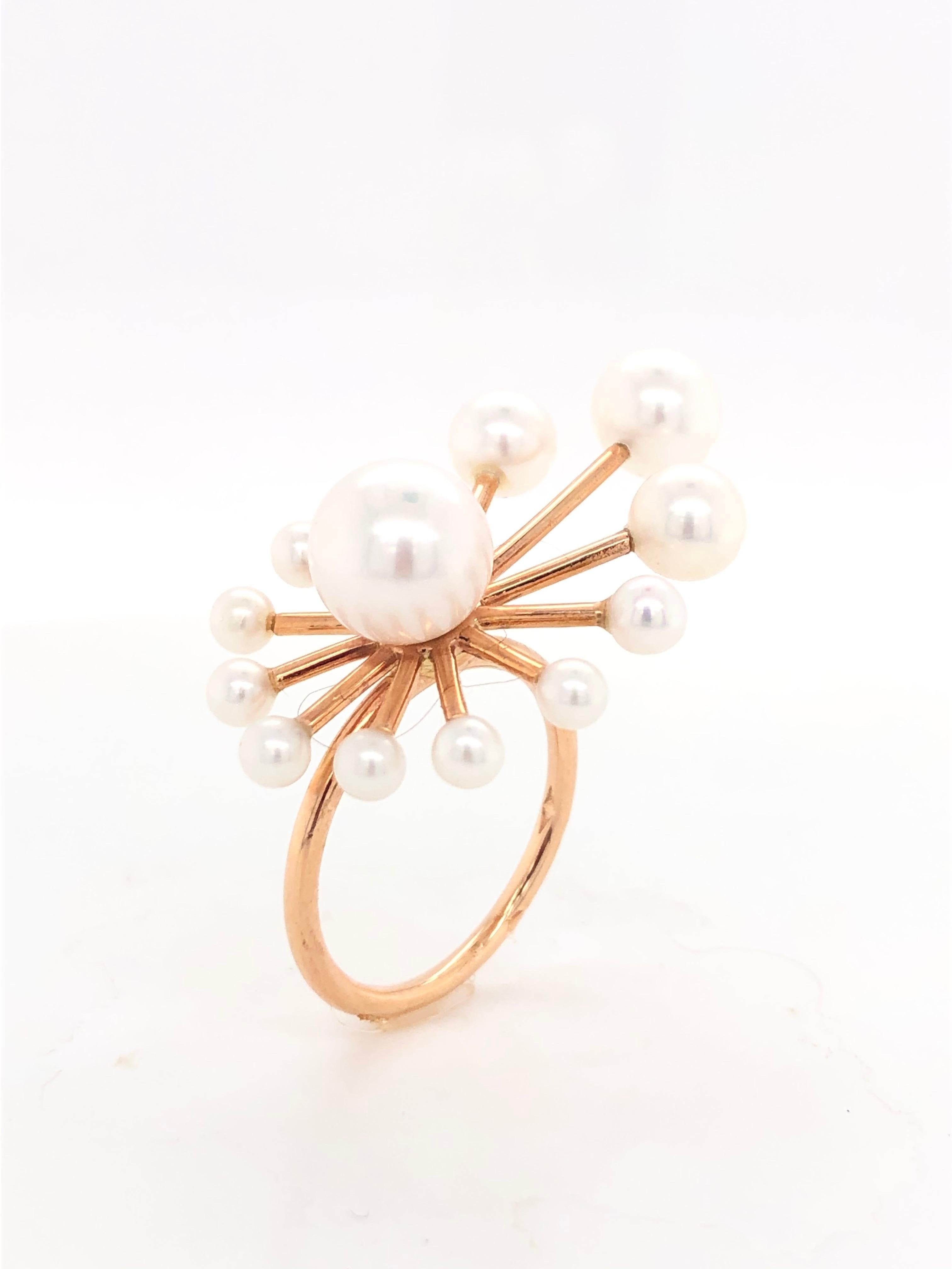 White Freshwater Pearls Rose Gold Ring 18 Karat Gold 8
