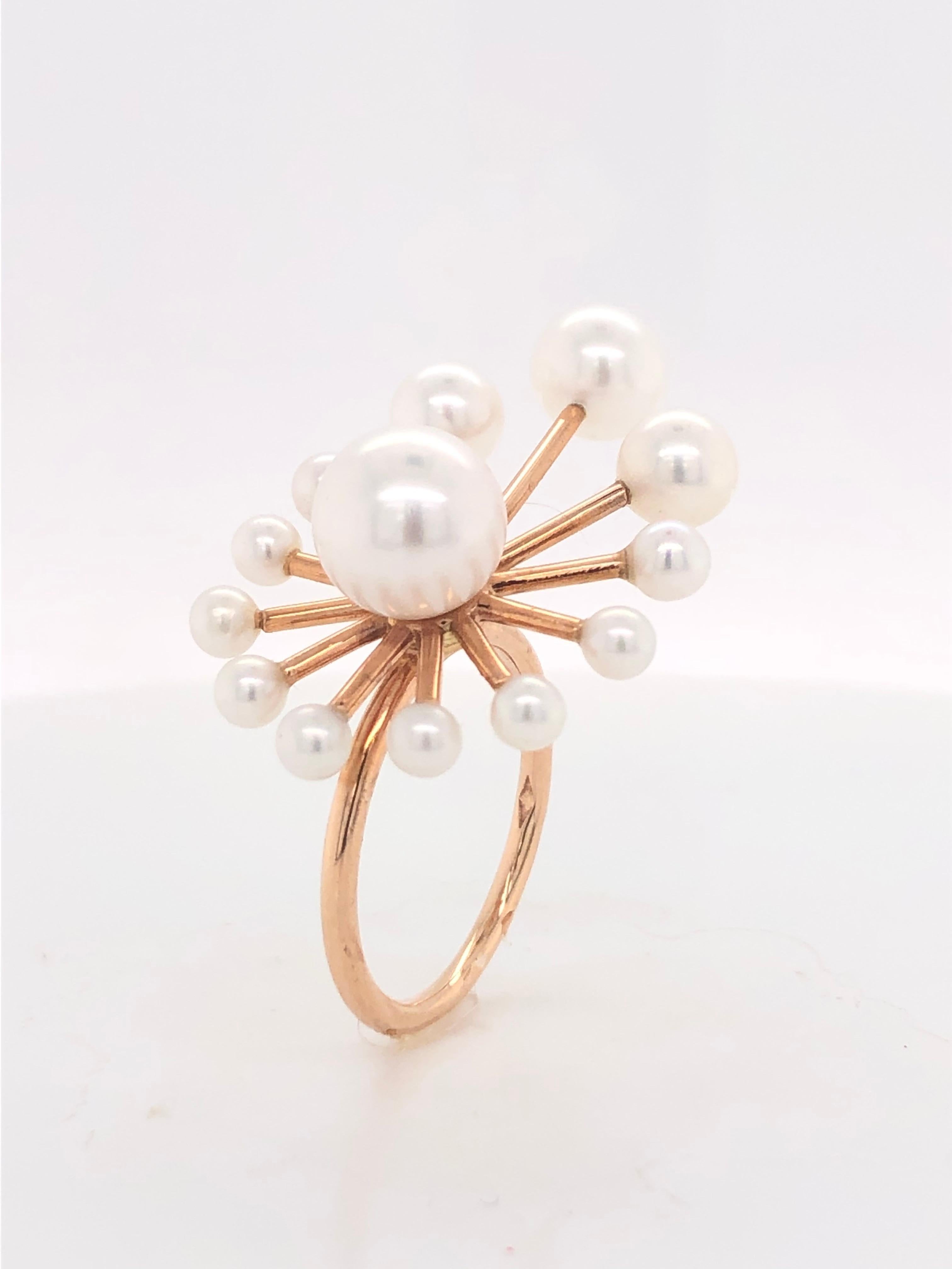 White Freshwater Pearls Rose Gold Ring 18 k
Weight Of Gold 3.81 grams 
13 Freshwaters Pearls 
French Size : 54
Us Size : 6.5 
British Size : M