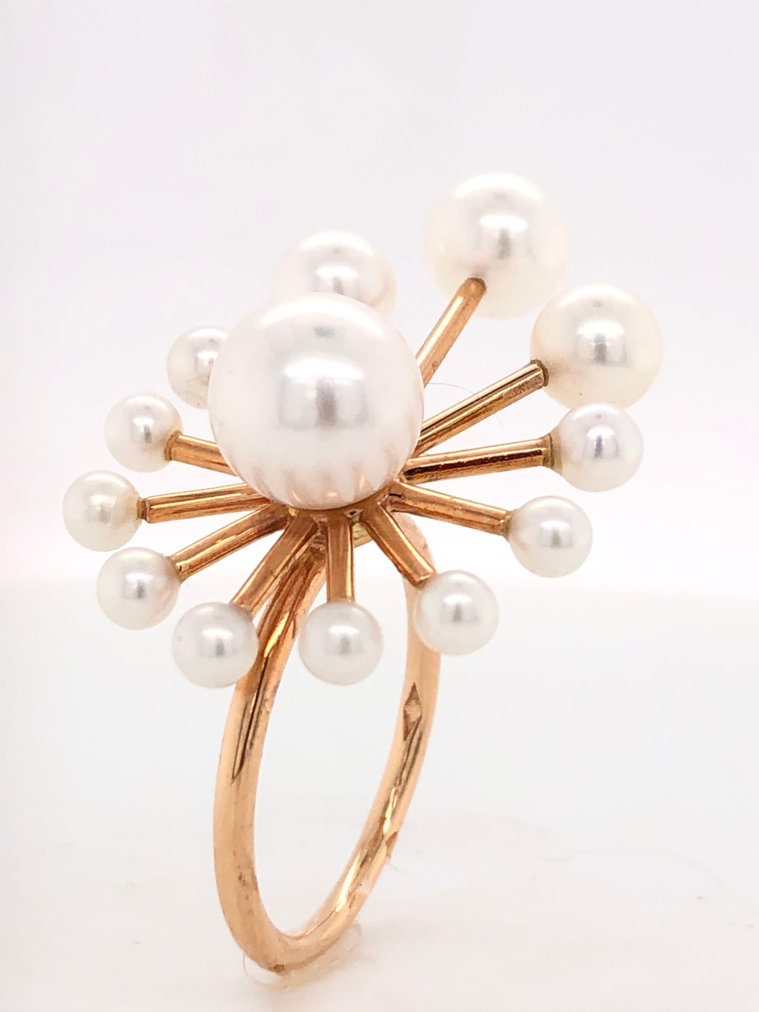 Artist White Freshwater Pearls Rose Gold Ring 18 Karat Gold