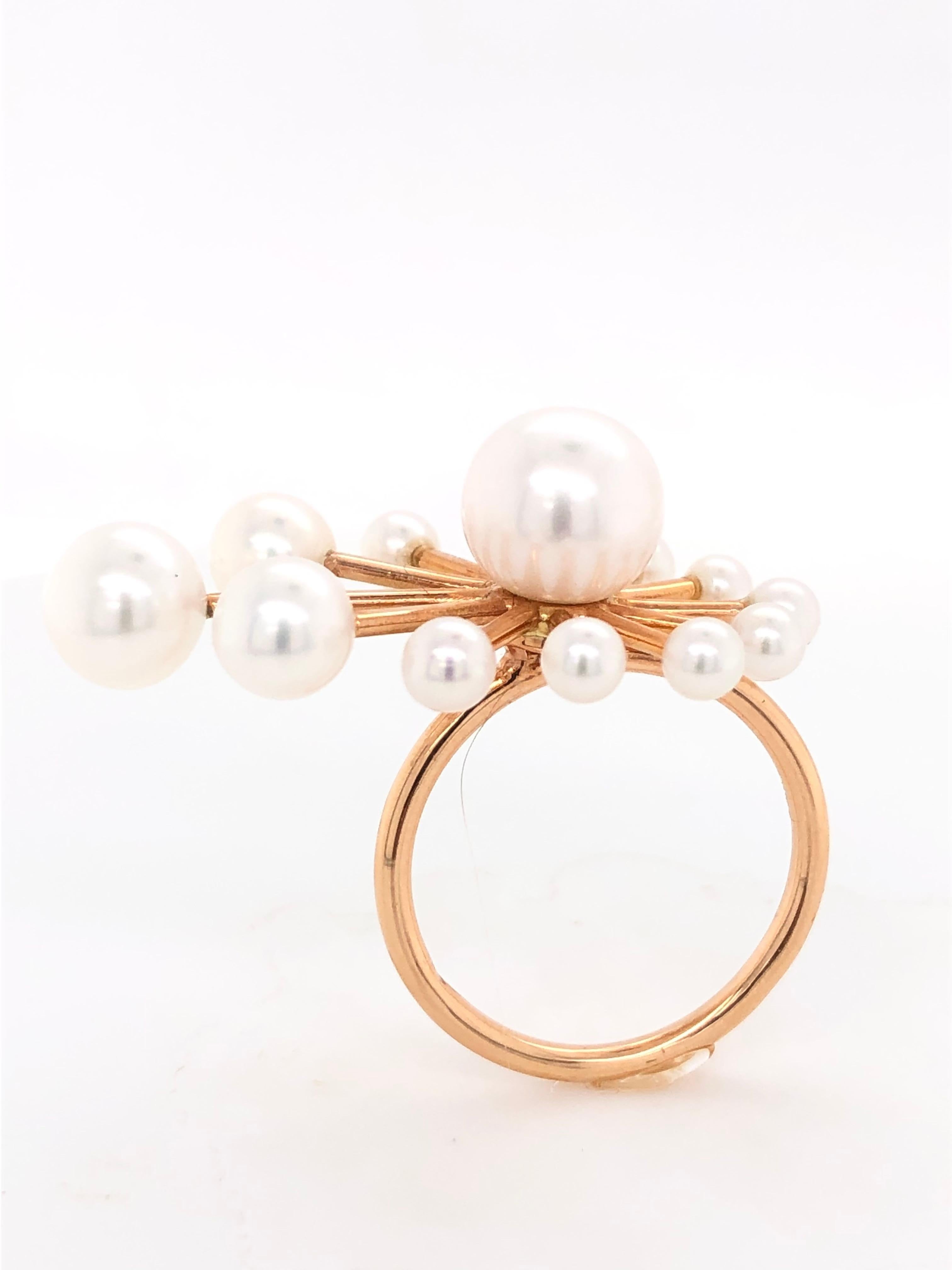 Rose Cut White Freshwater Pearls Rose Gold Ring 18 Karat Gold