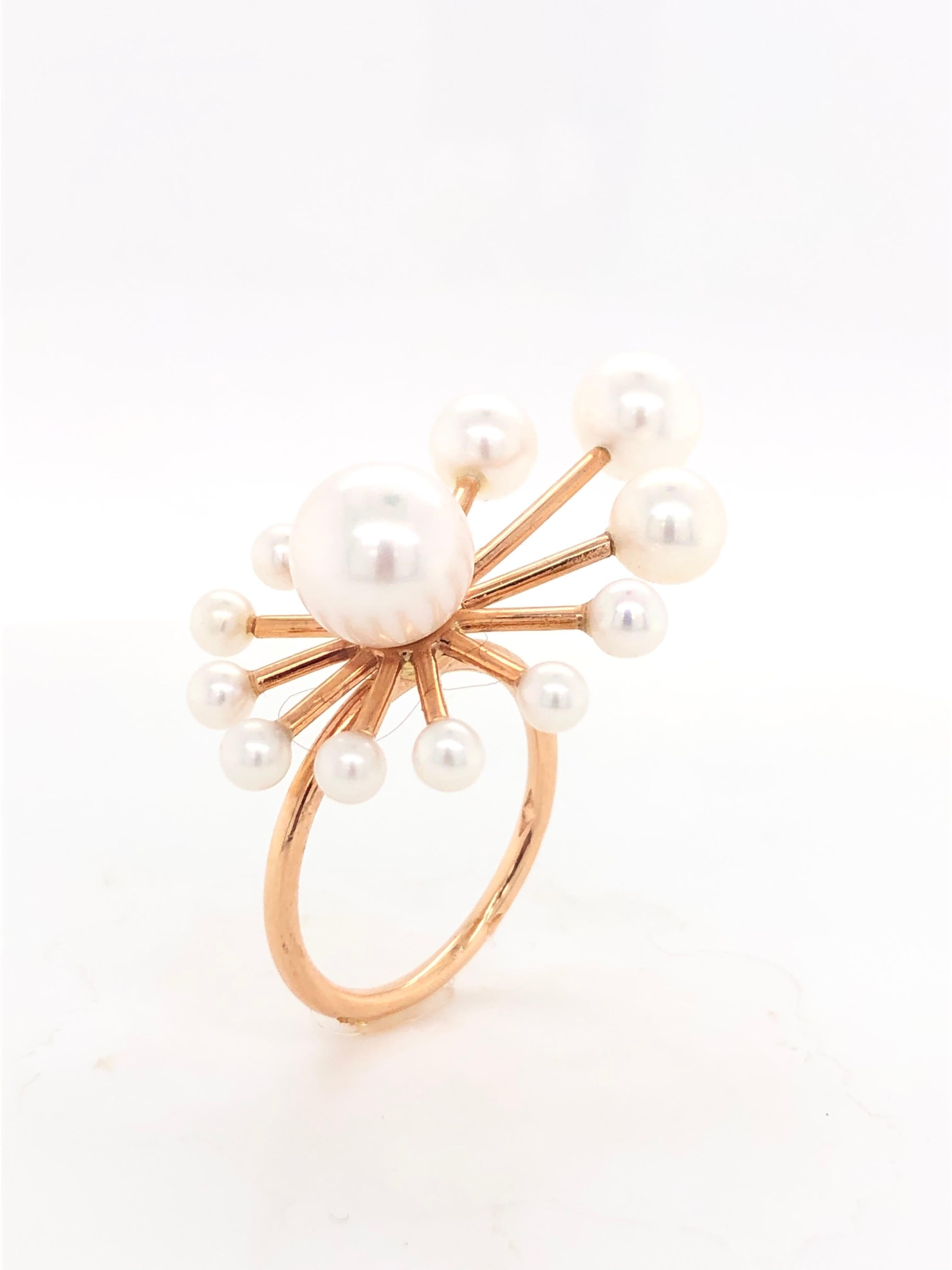 Women's or Men's White Freshwater Pearls Rose Gold Ring 18 Karat Gold