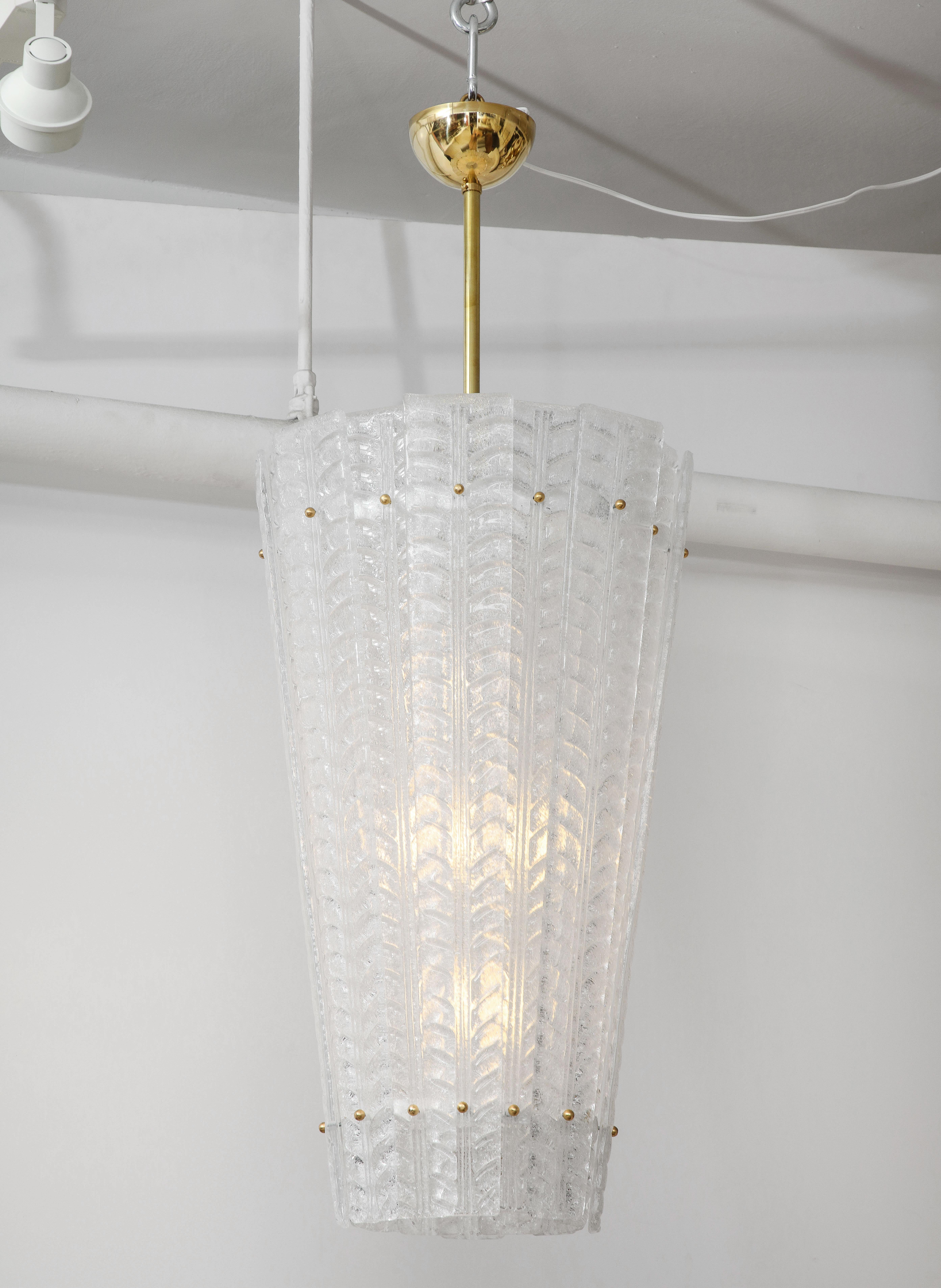 Italian White Frosted Textured Murano Glass and Brass Pendant Chandelier, Italy, 2022 For Sale
