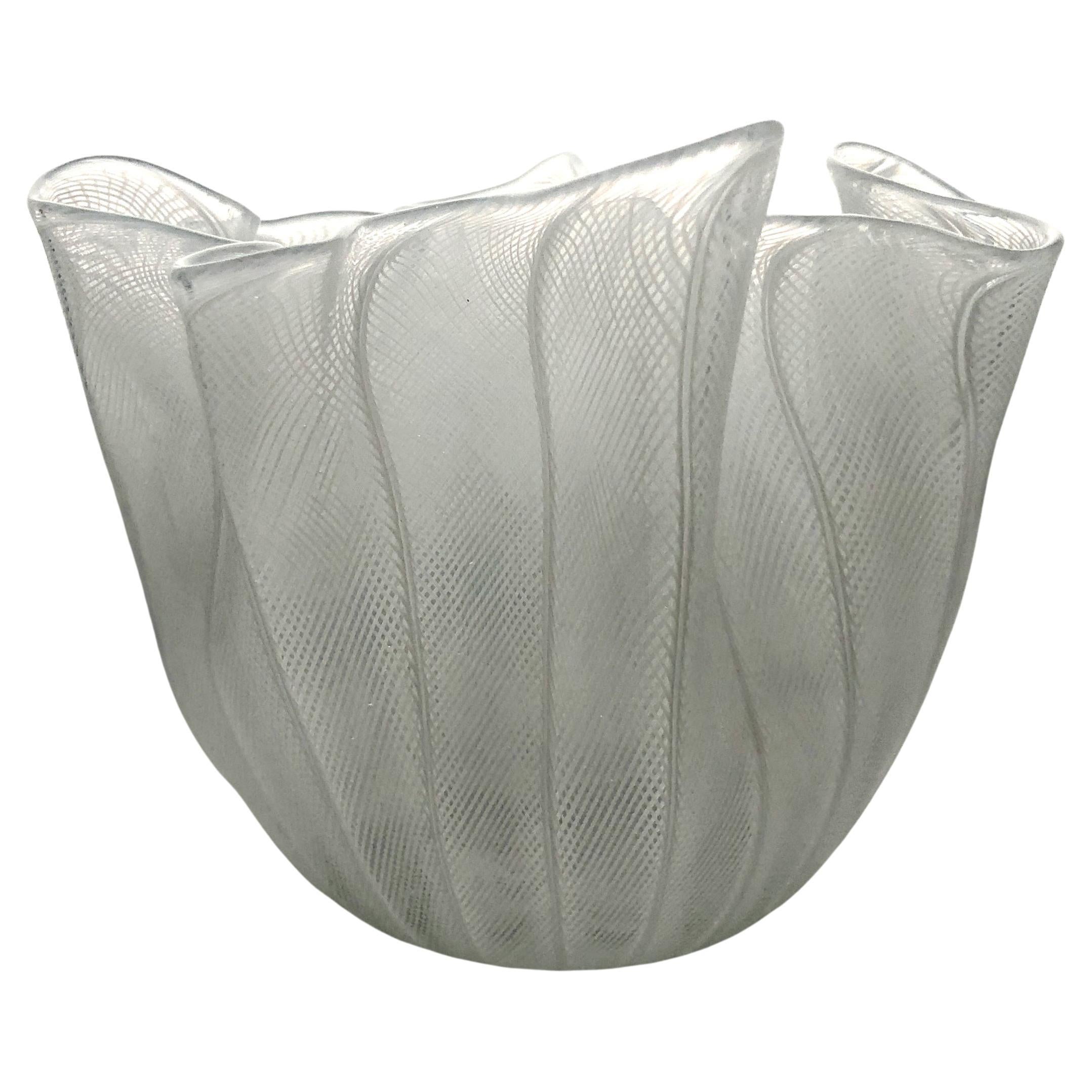 White Fulvio Bianconi Handkerchief Bowl, Zanfirico Filigree Glass, Venini Murano For Sale