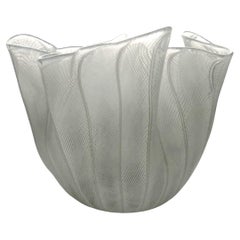 White Fulvio Bianconi Handkerchief Bowl, Zanfirico Filigree Glass, Venini Murano