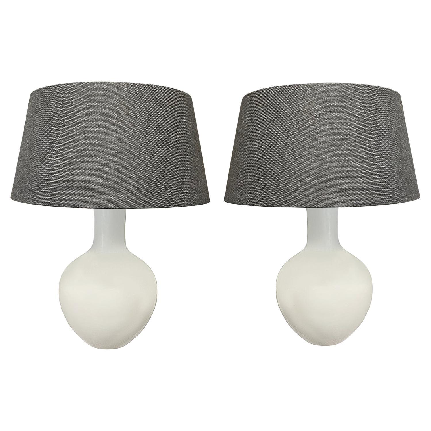 White Funnel Neck Shaped Pair Of Lamps With Shades, China, Contemporary