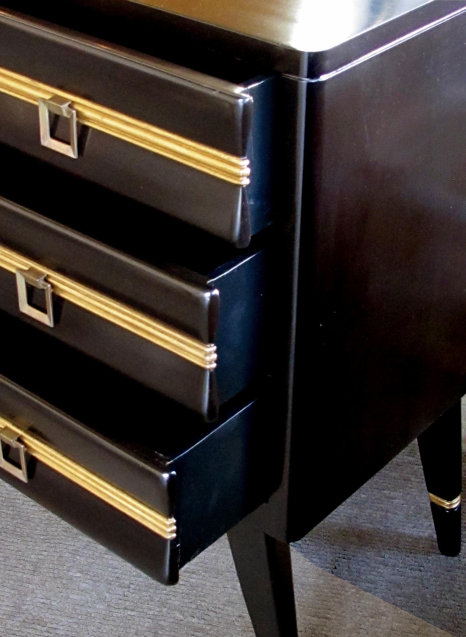 White Furniture Co. 1940s Brown Lacquered 3-Drawer Chest with Gilt Highlights In Good Condition In San Francisco, CA