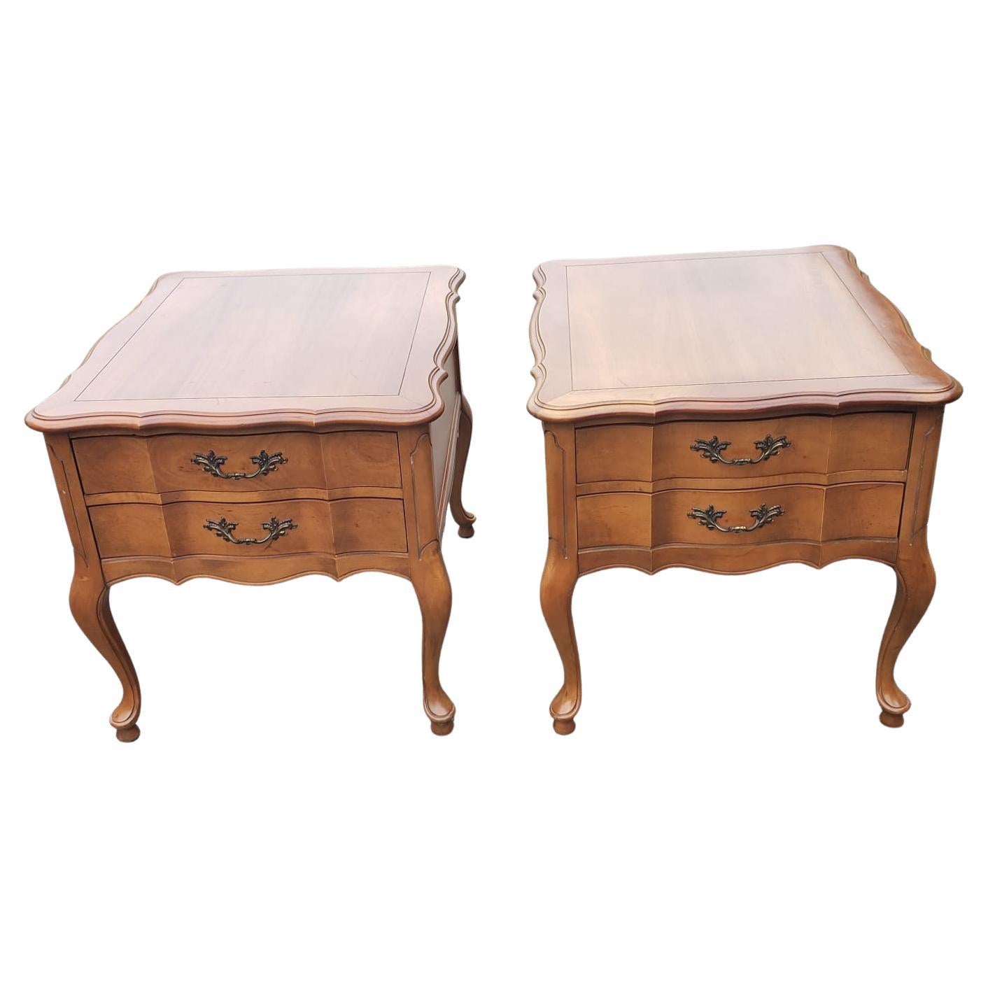 White furniture French country two-drawer maple side tables in good vintage condition.
Two roomy dovetailed drawers close and open smoothly. 
Measures 22