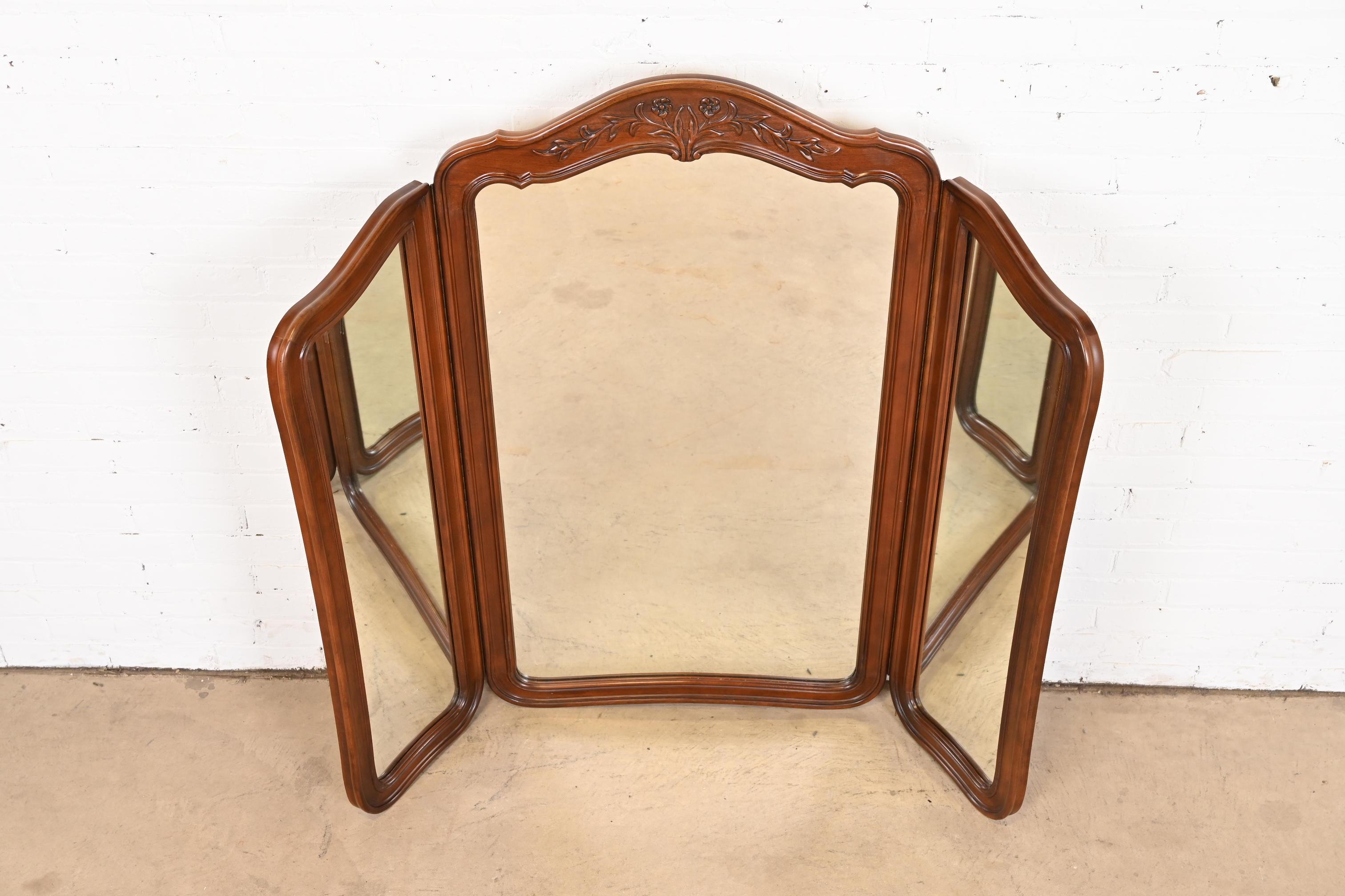 White Furniture French Provincial Louis XV Carved Cherry Wood Triple Mirror For Sale 6