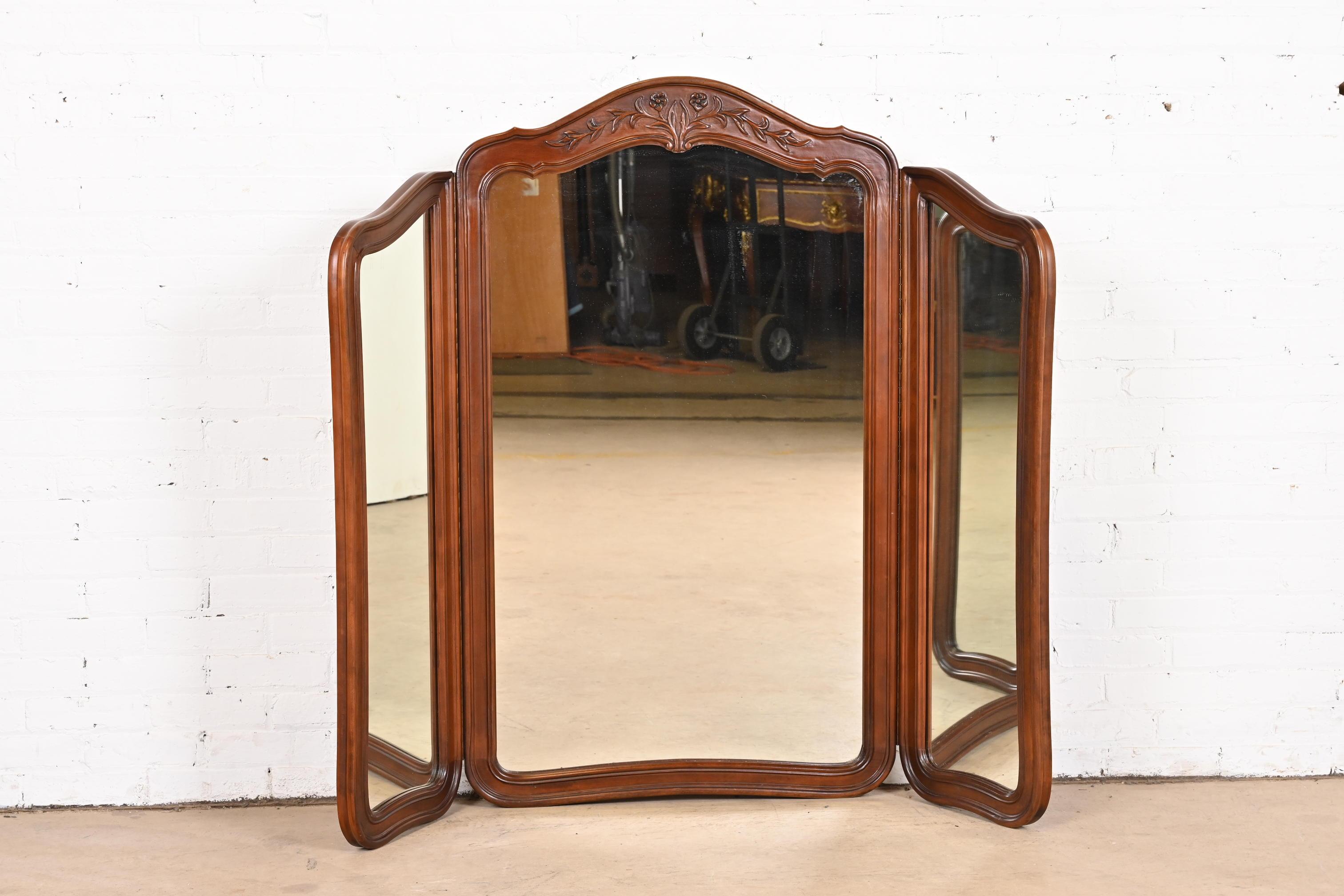 White Furniture French Provincial Louis XV Carved Cherry Wood Triple Mirror For Sale 7