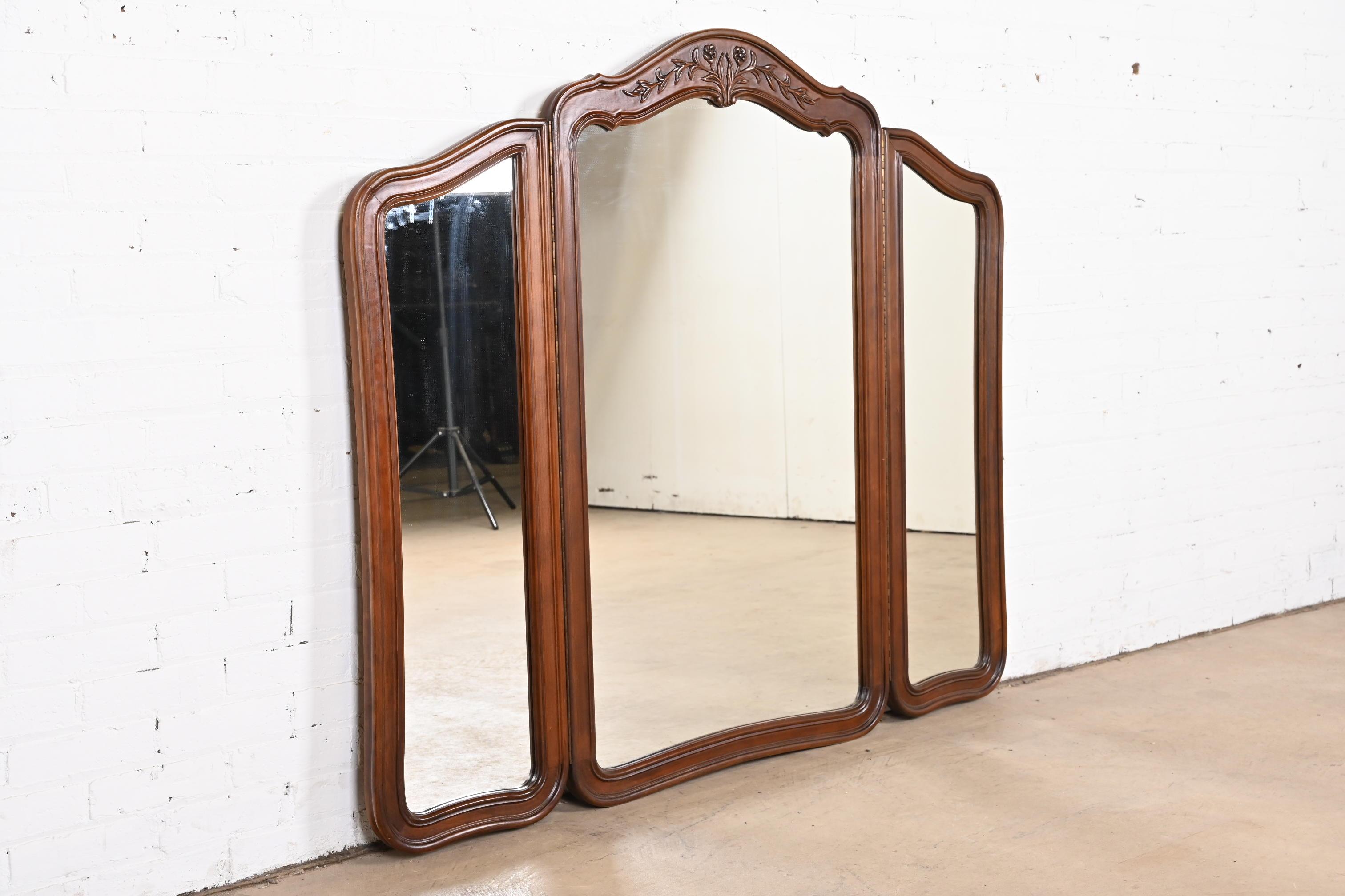 American White Furniture French Provincial Louis XV Carved Cherry Wood Triple Mirror For Sale