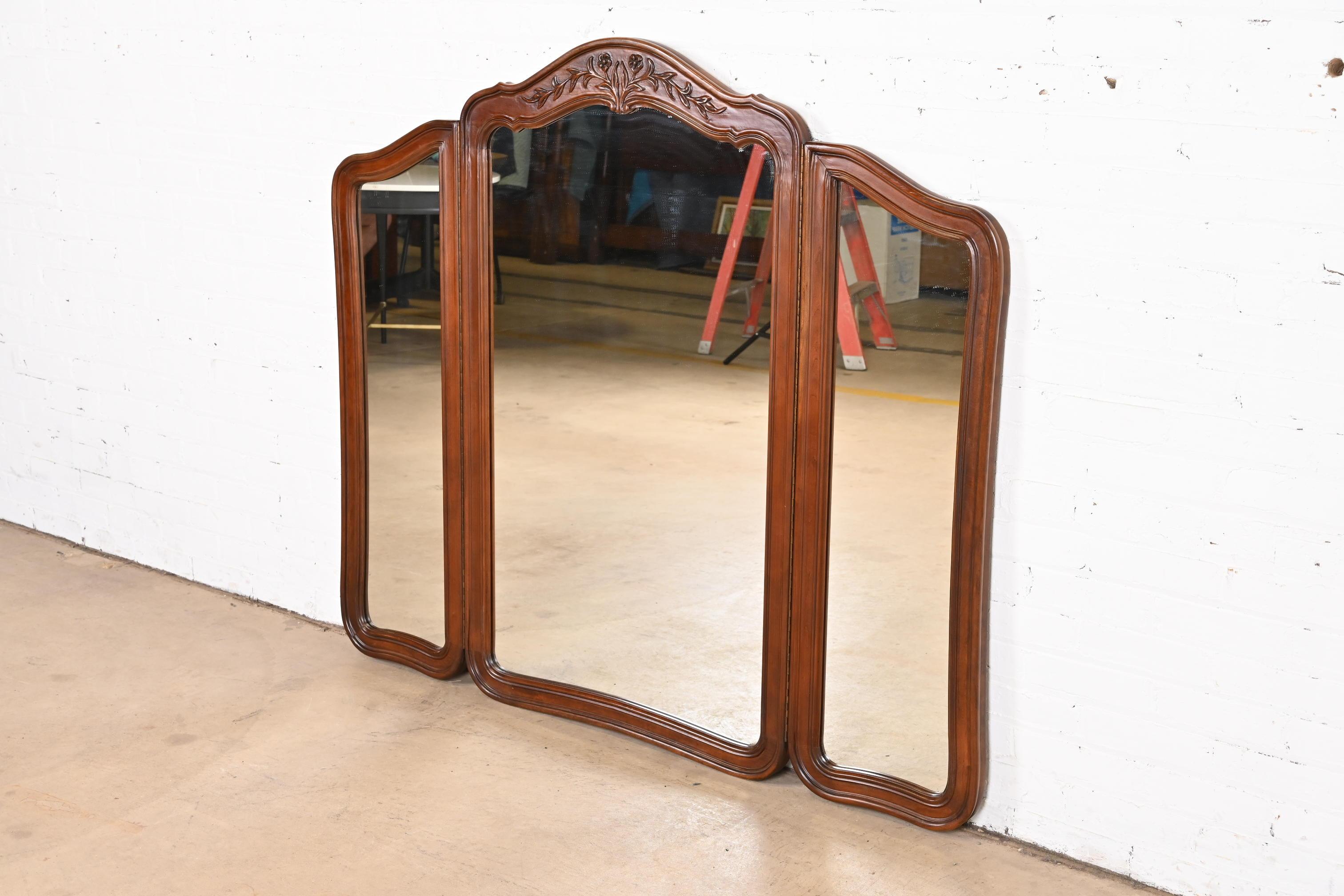 White Furniture French Provincial Louis XV Carved Cherry Wood Triple Mirror For Sale 2
