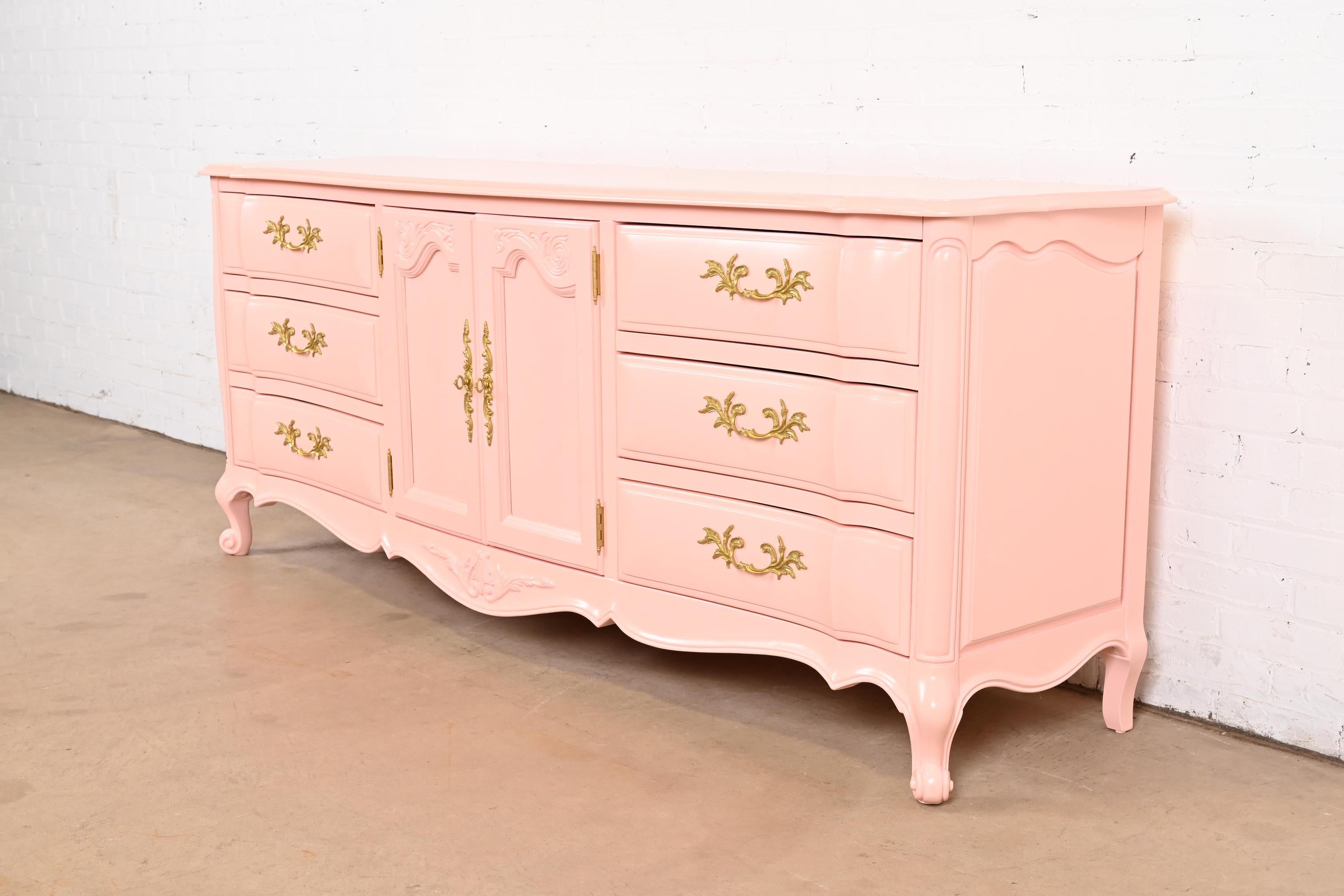 American White Furniture French Provincial Louis XV Pink Lacquered Triple Dresser For Sale