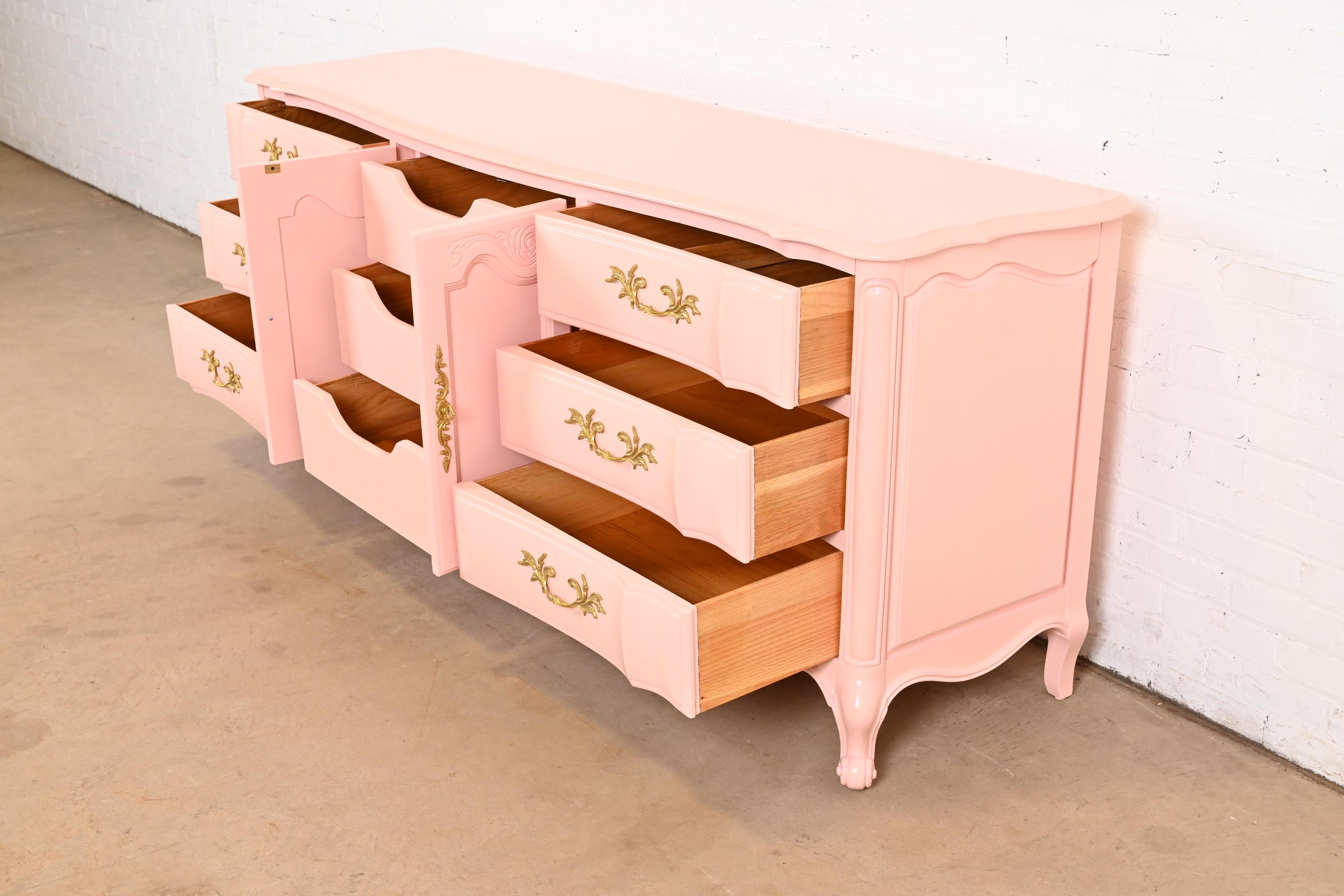 Brass White Furniture French Provincial Louis XV Pink Lacquered Triple Dresser For Sale