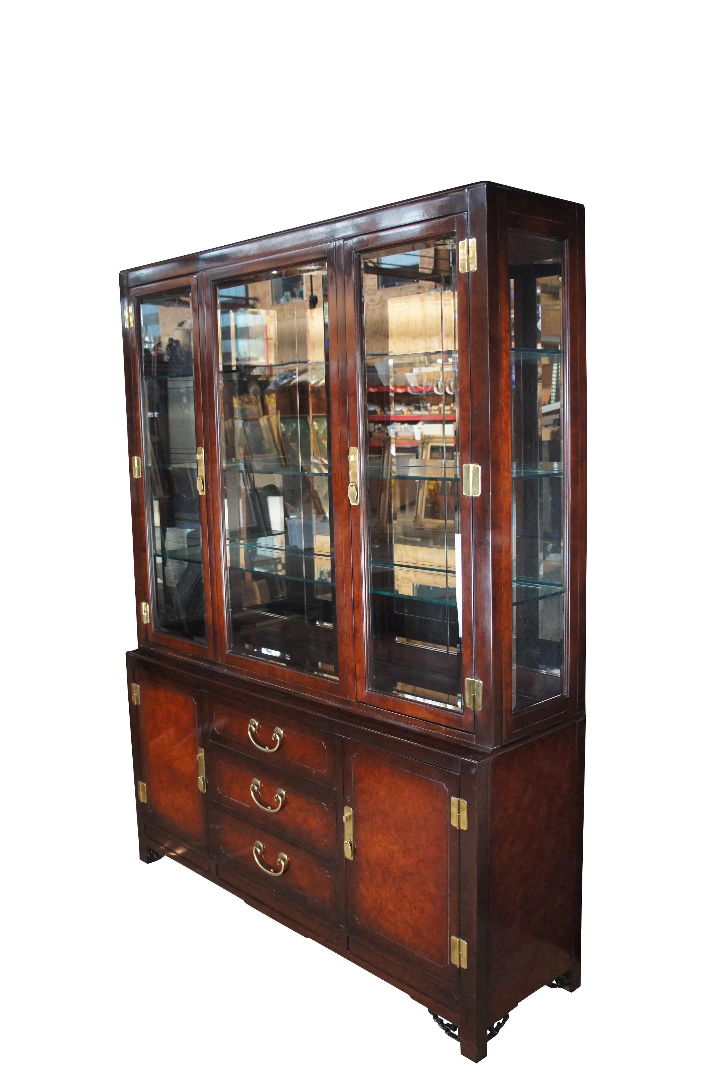 American White Furniture Mahogany & Burl Mandarin Chinoiserie China Display Cabinet For Sale