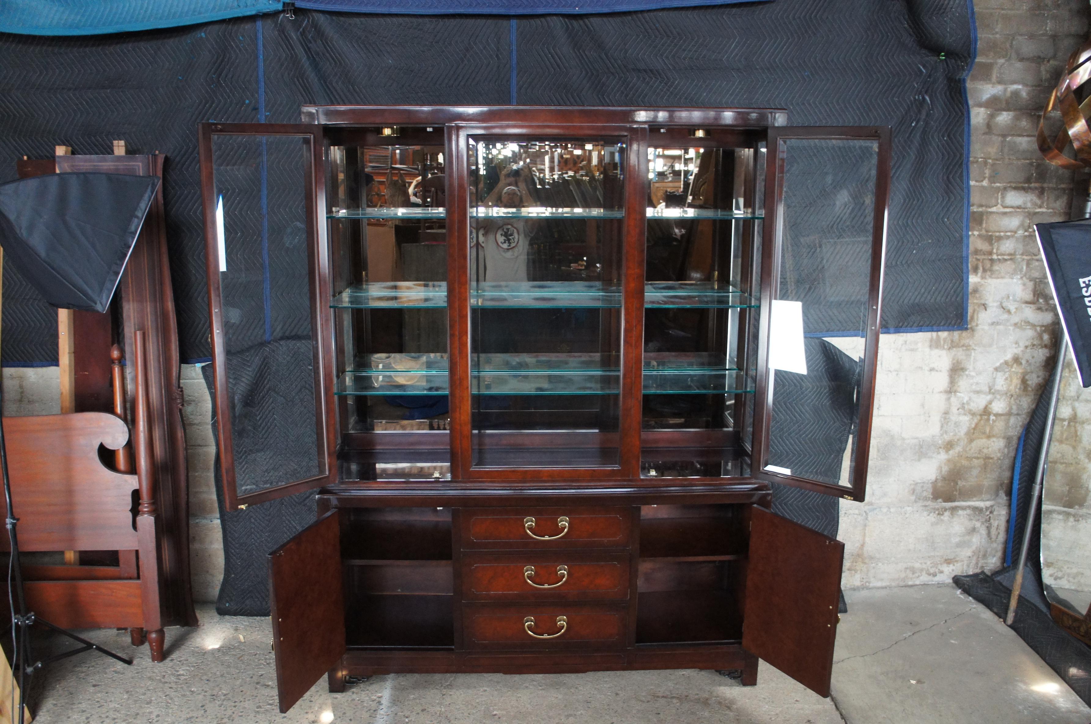 Beveled White Furniture Mahogany & Burl Mandarin Chinoiserie China Display Cabinet For Sale