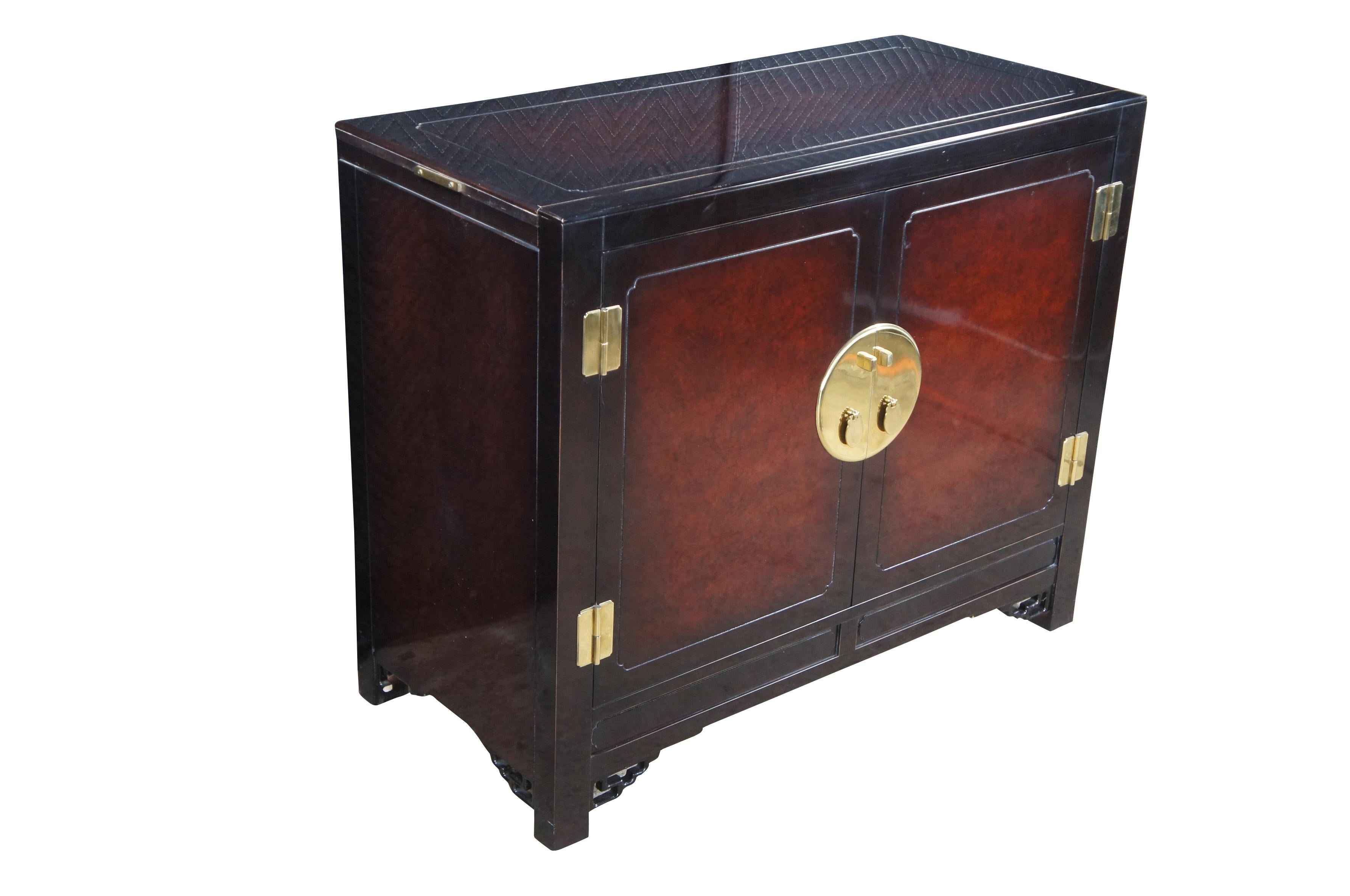 1980s White Furniture Company Mandarin dining flip top server or dry bar.  Features a rectangular form with lacquer, mahogany and burlwood.  The top has a unique sliding mechanism and flips open to double the length of the serving area.  A laminate