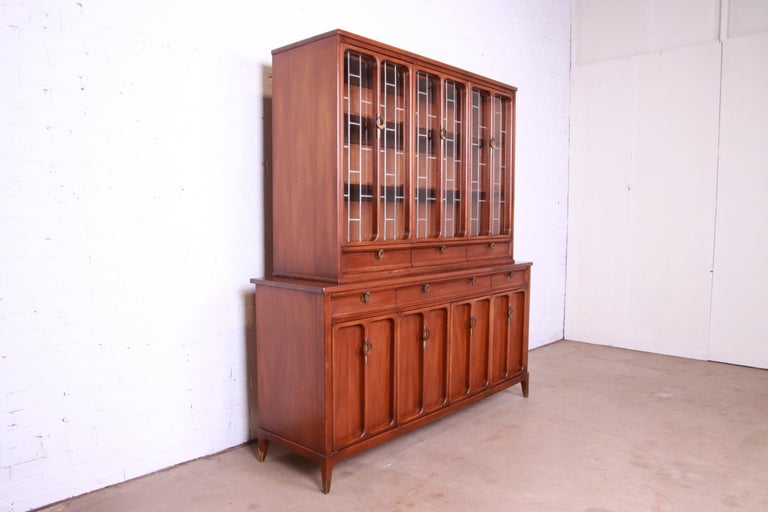 American White Furniture Mid-Century Modern Sculpted Walnut Breakfront Bookcase Cabinet For Sale