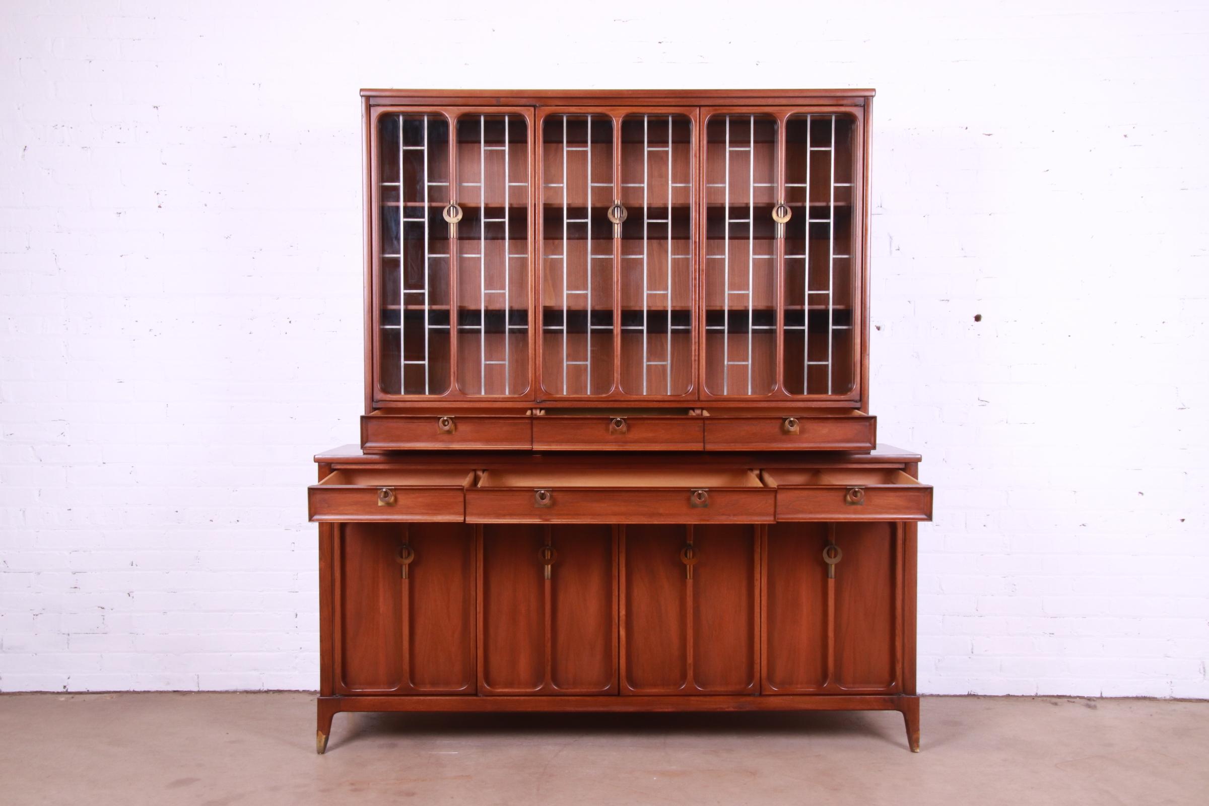 American White Furniture Mid-Century Modern Sculpted Walnut Breakfront Bookcase Cabinet